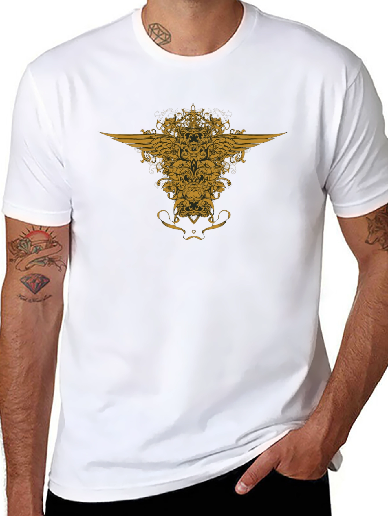 Black T-Shirt with Golden Winged Crest Design
