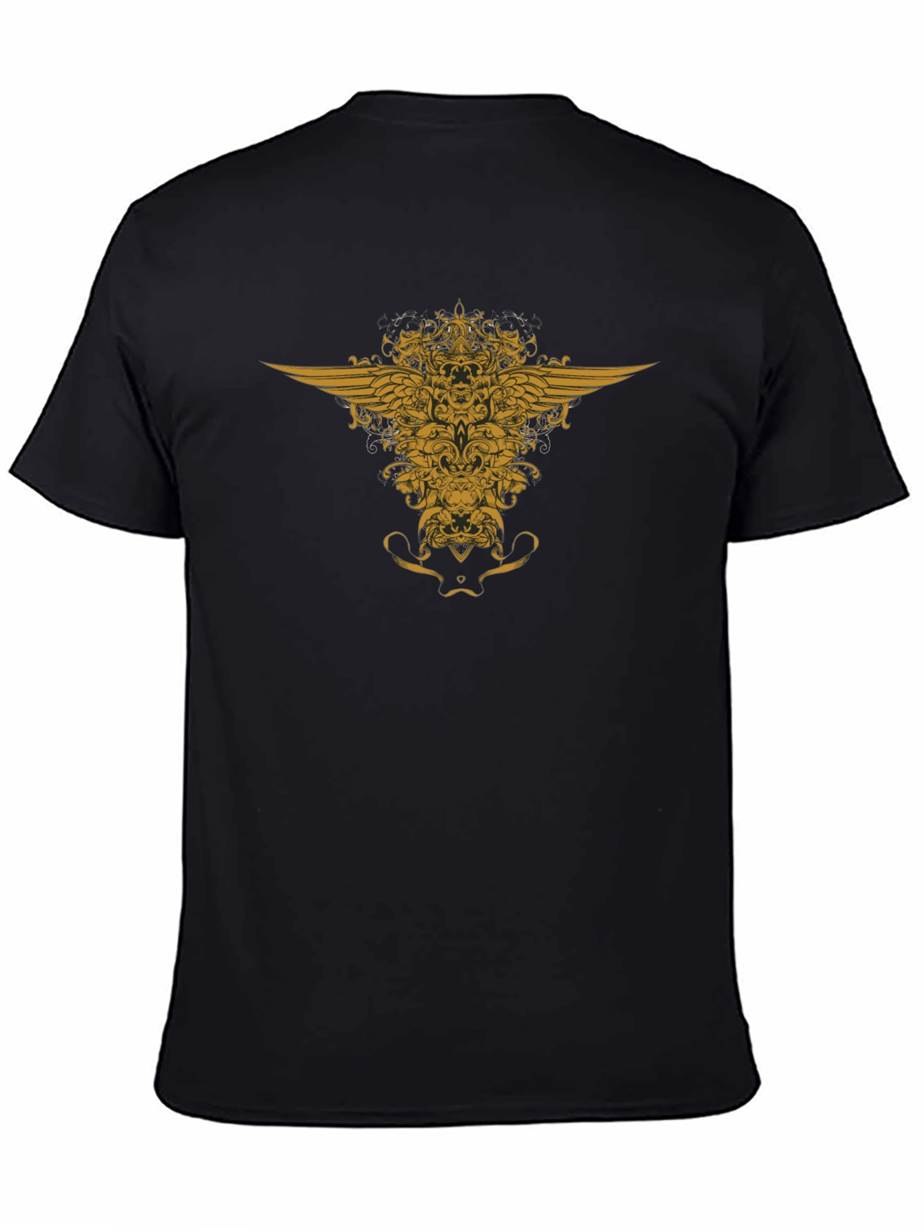 Black T-Shirt with Golden Winged Crest Design
