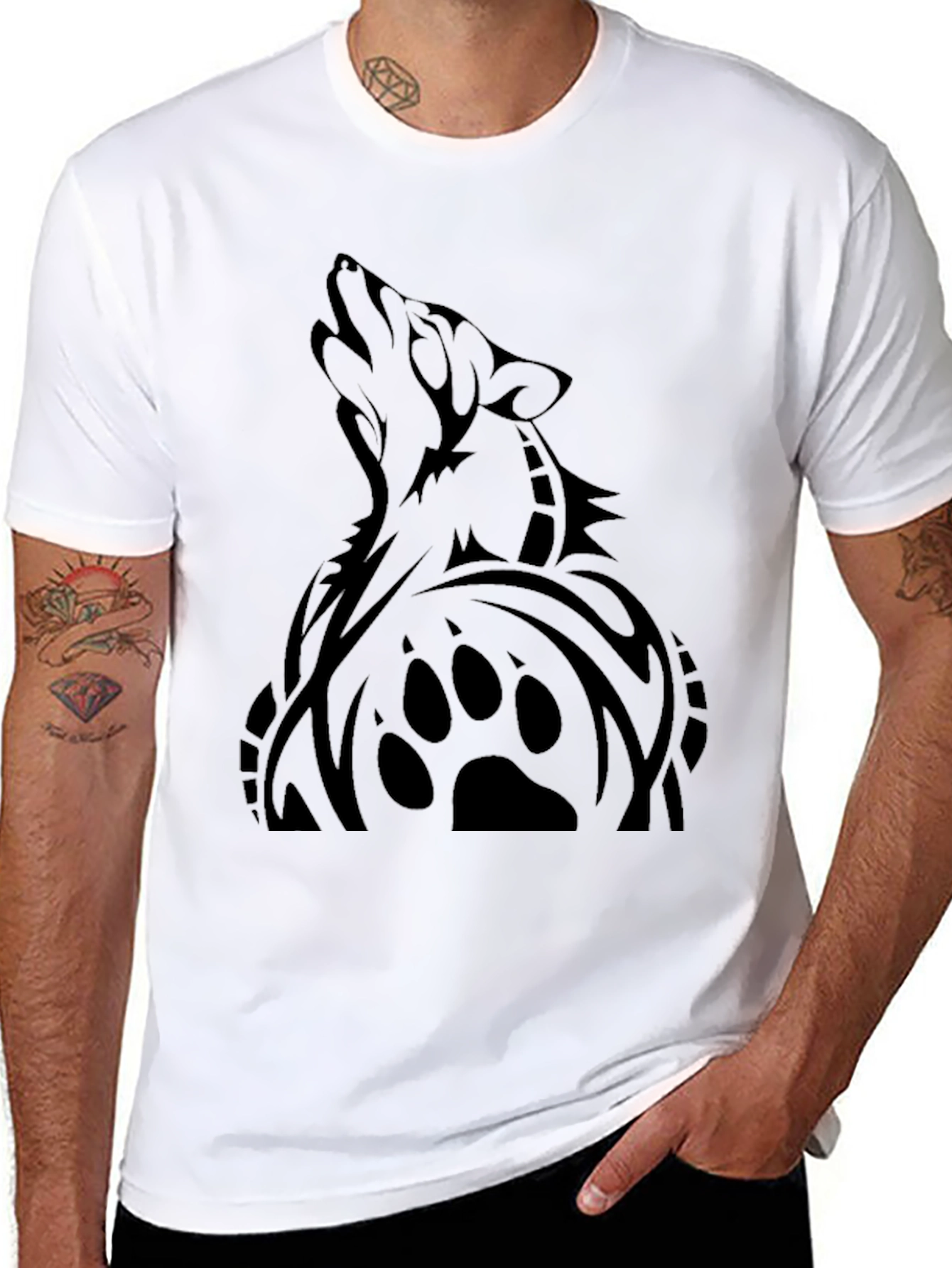 Mens Black Wolf Graphic Tee - Tribal Design