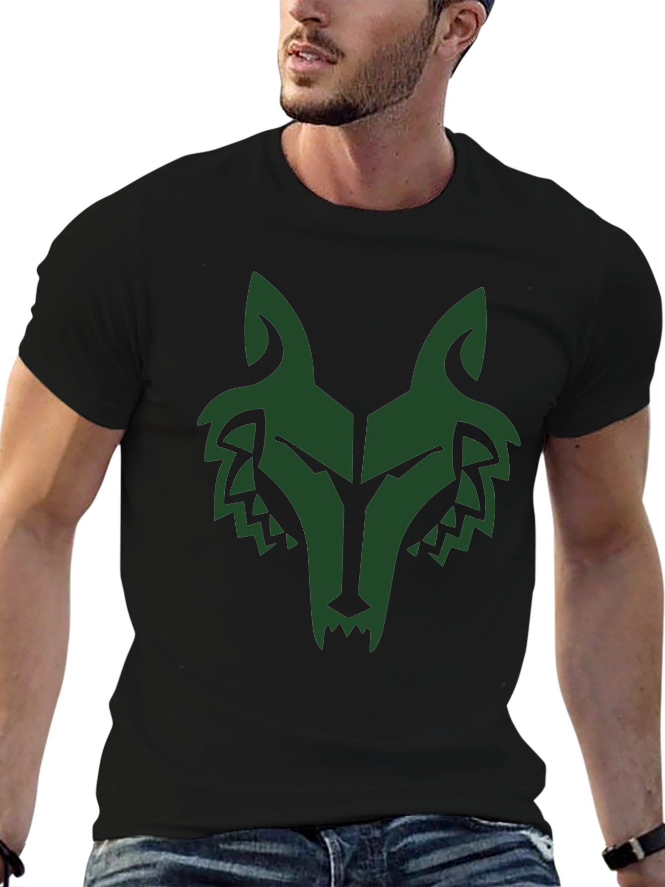 Mens Black T-Shirt with Green Wolf Graphic