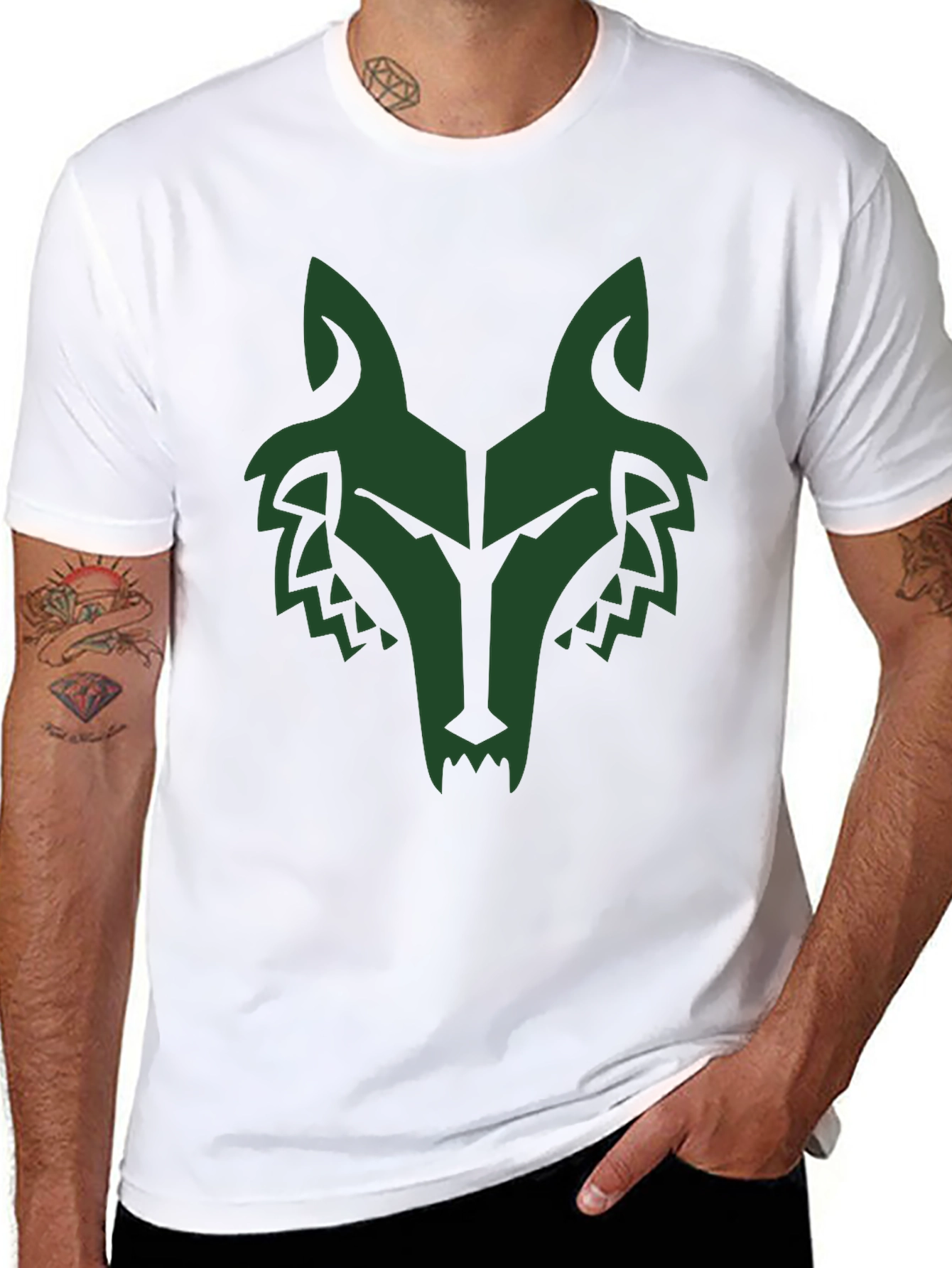 Mens Black T-Shirt with Green Wolf Graphic