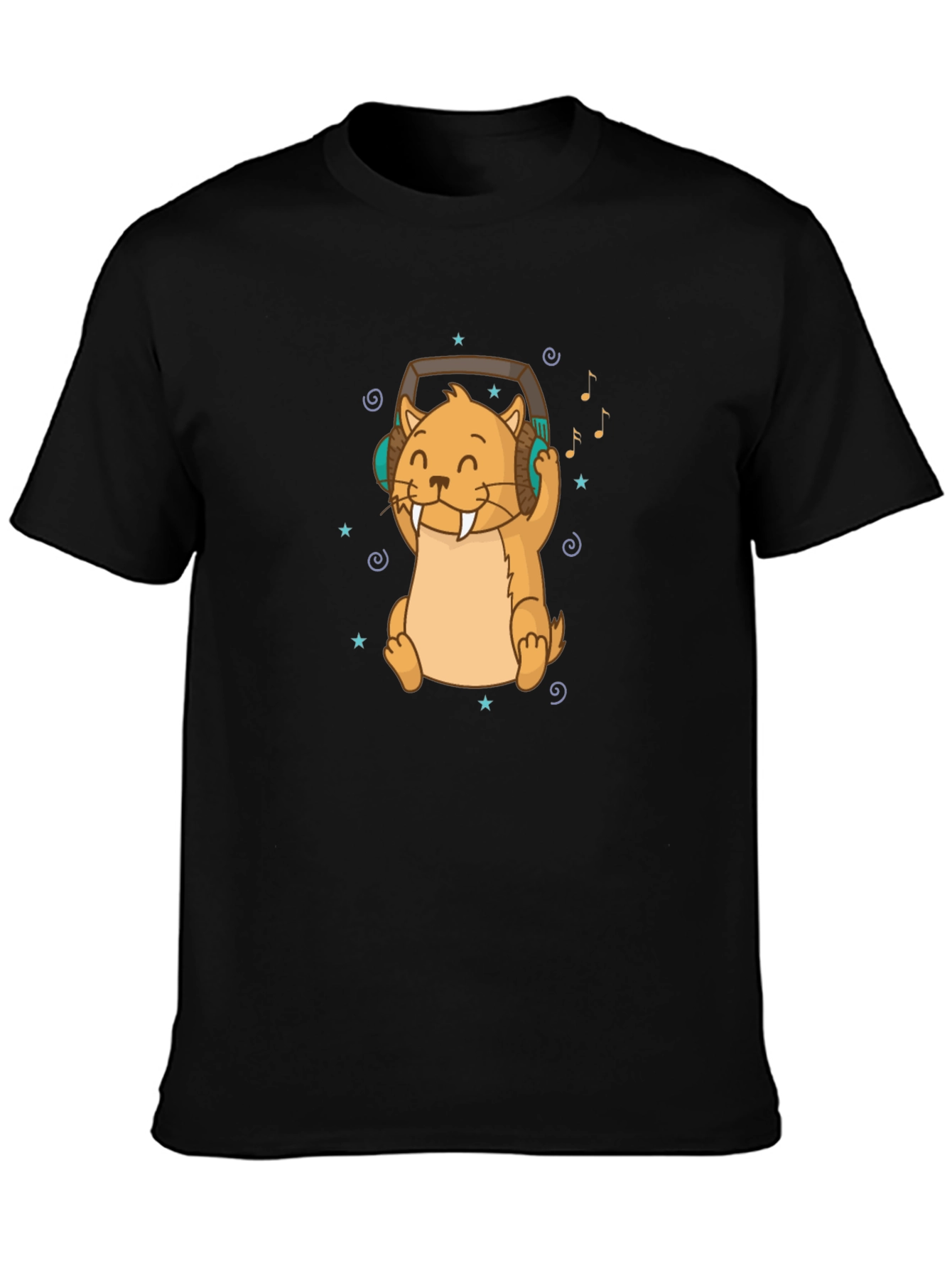 Cute Otter with Headphones Black T-Shirt