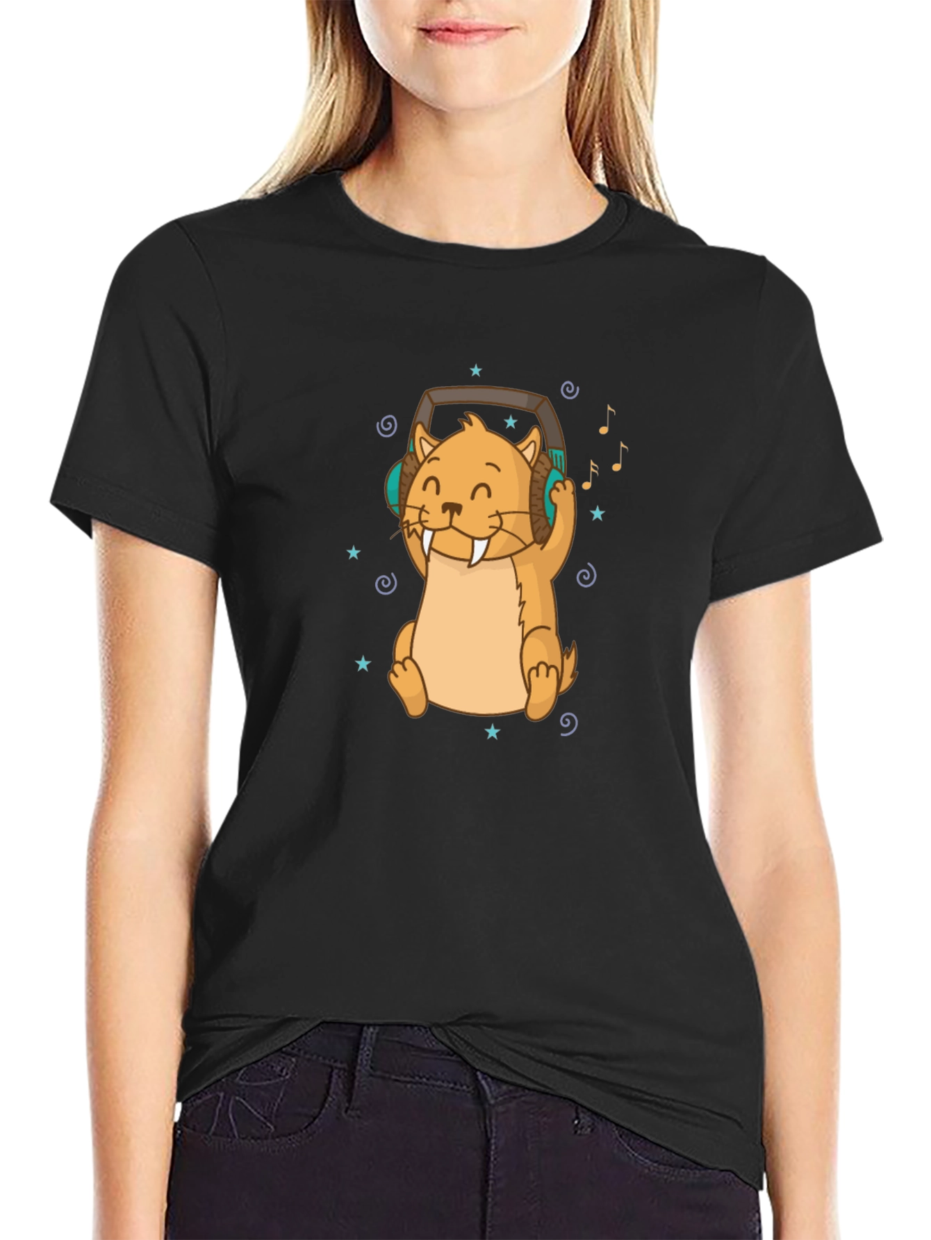 Cute Otter with Headphones Black T-Shirt