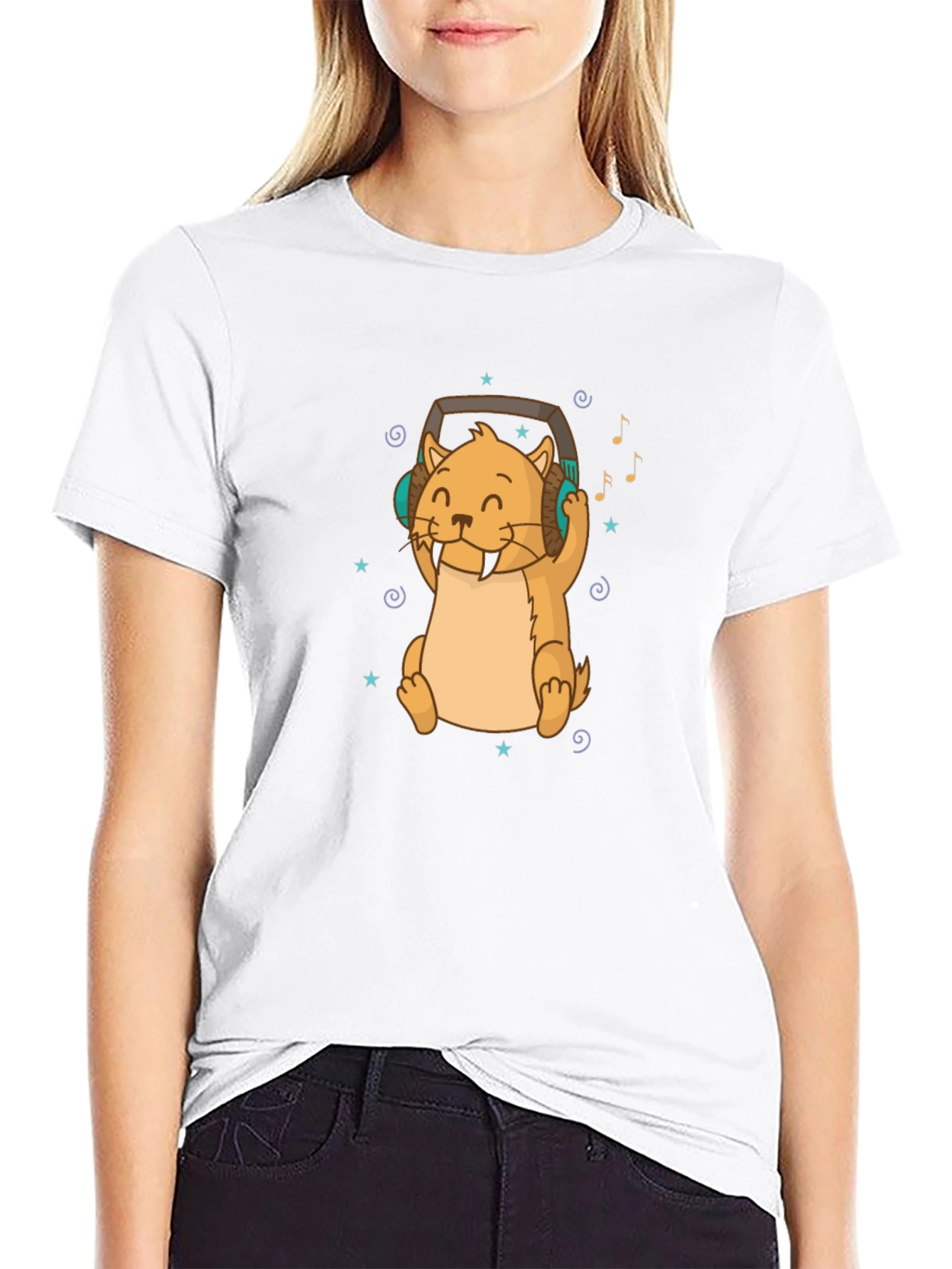 Cute Otter with Headphones Black T-Shirt