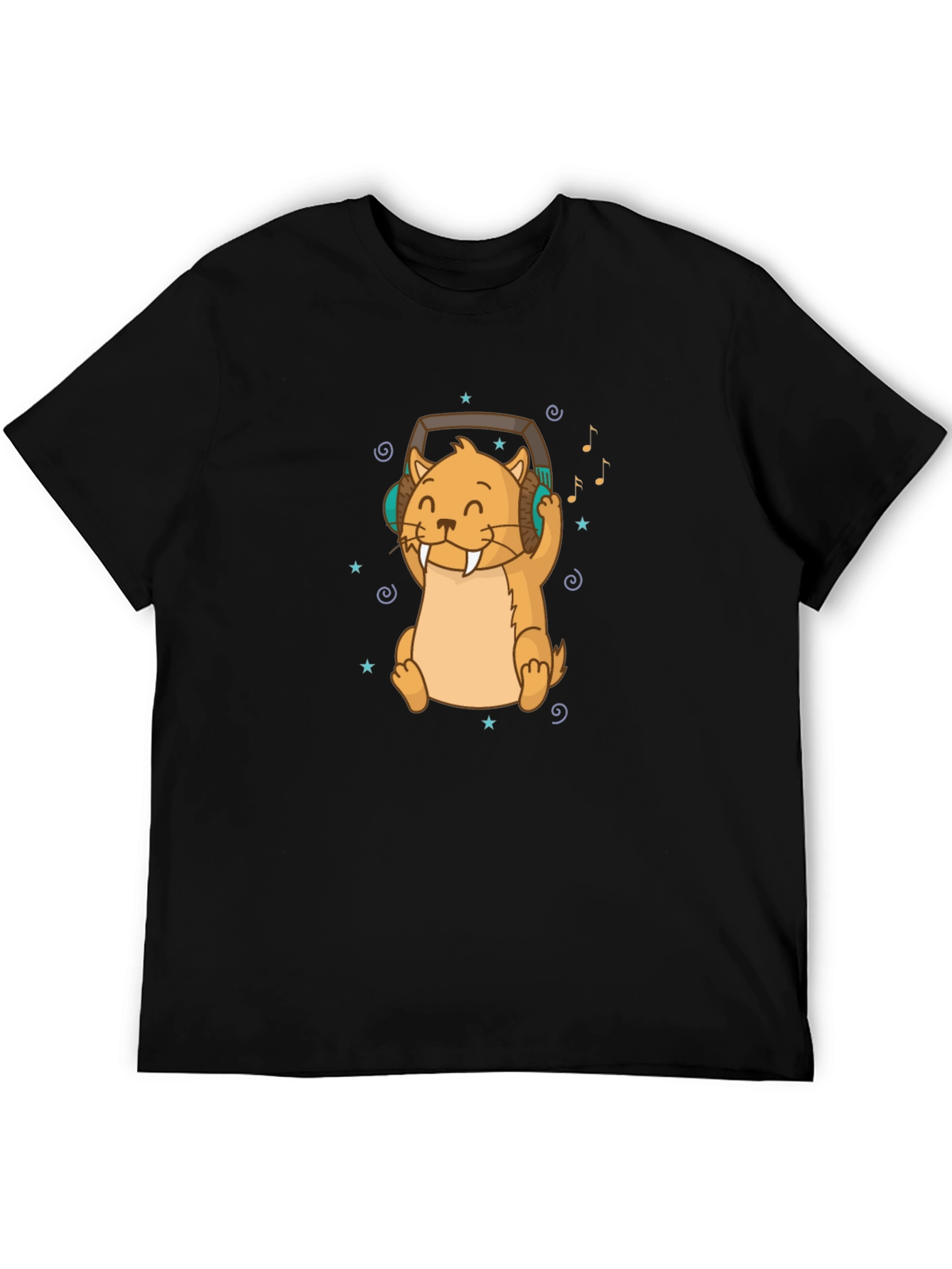 Cute Otter with Headphones Black T-Shirt