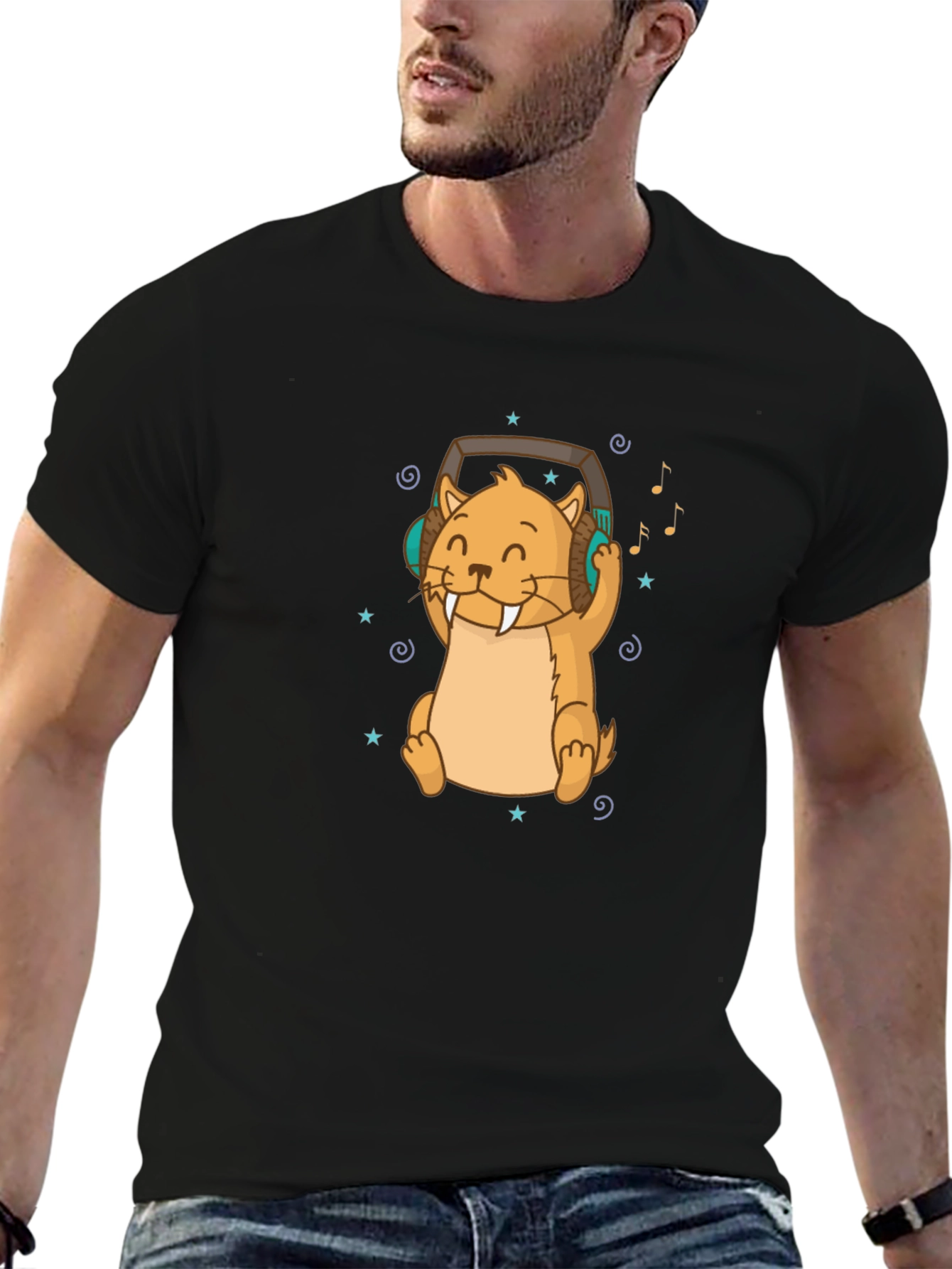 Cute Otter with Headphones Black T-Shirt