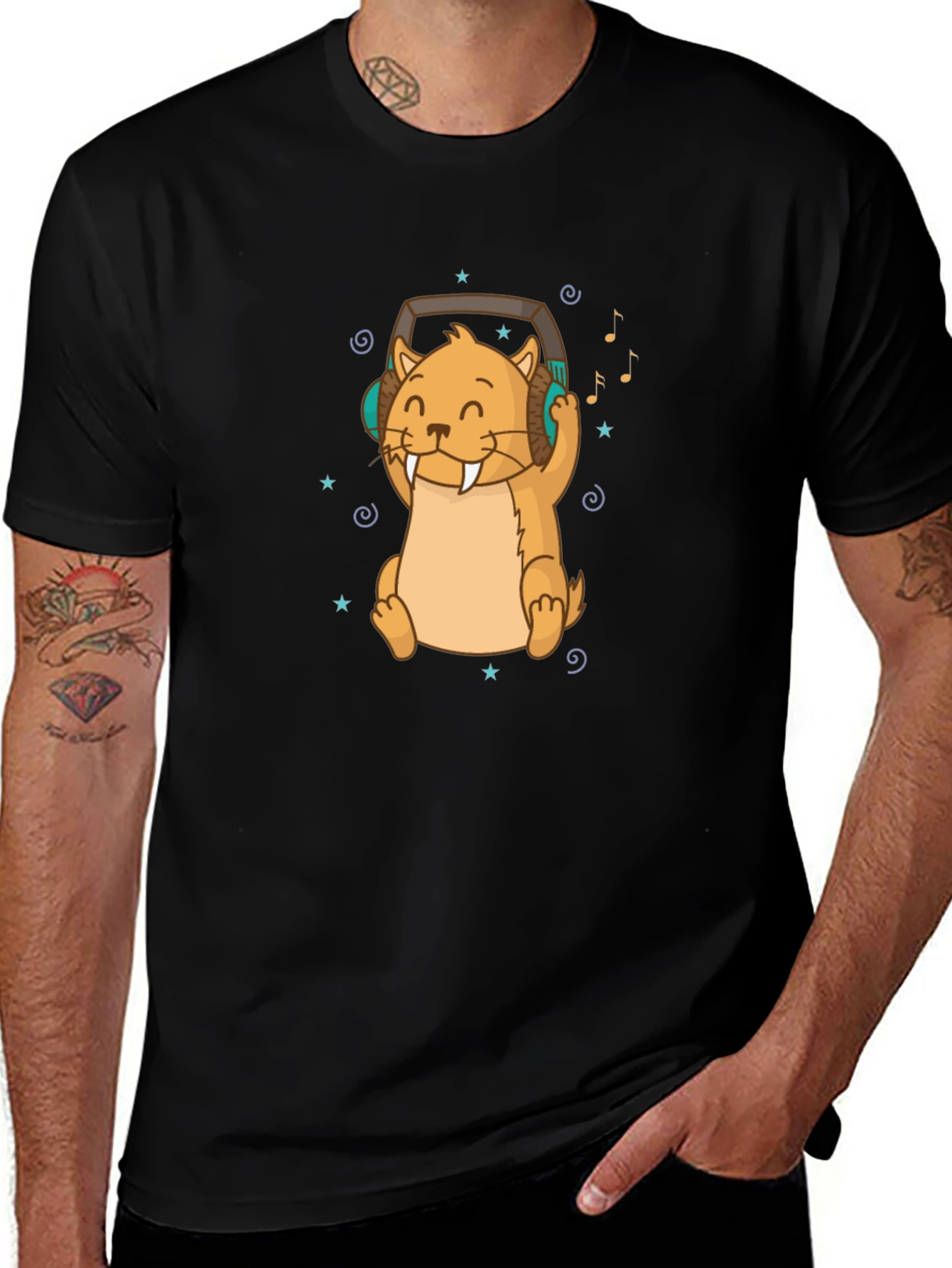 Cute Otter with Headphones Black T-Shirt