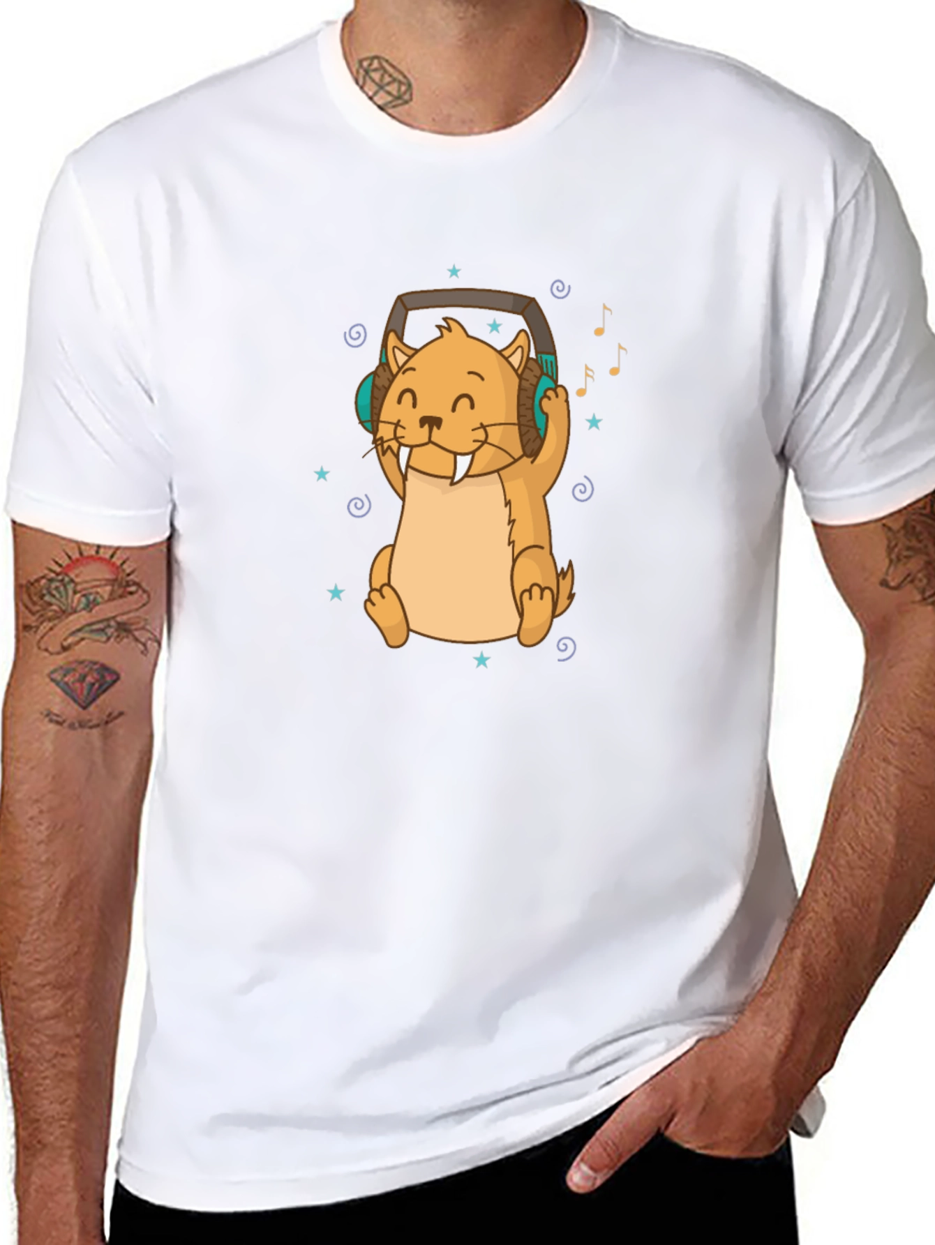 Cute Otter with Headphones Black T-Shirt
