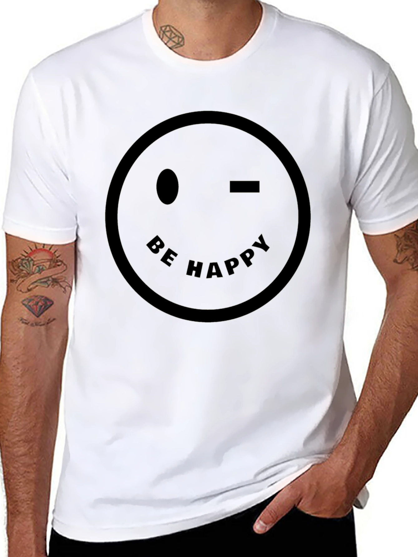 Be Happy Wink Smiley Face Black T-Shirt