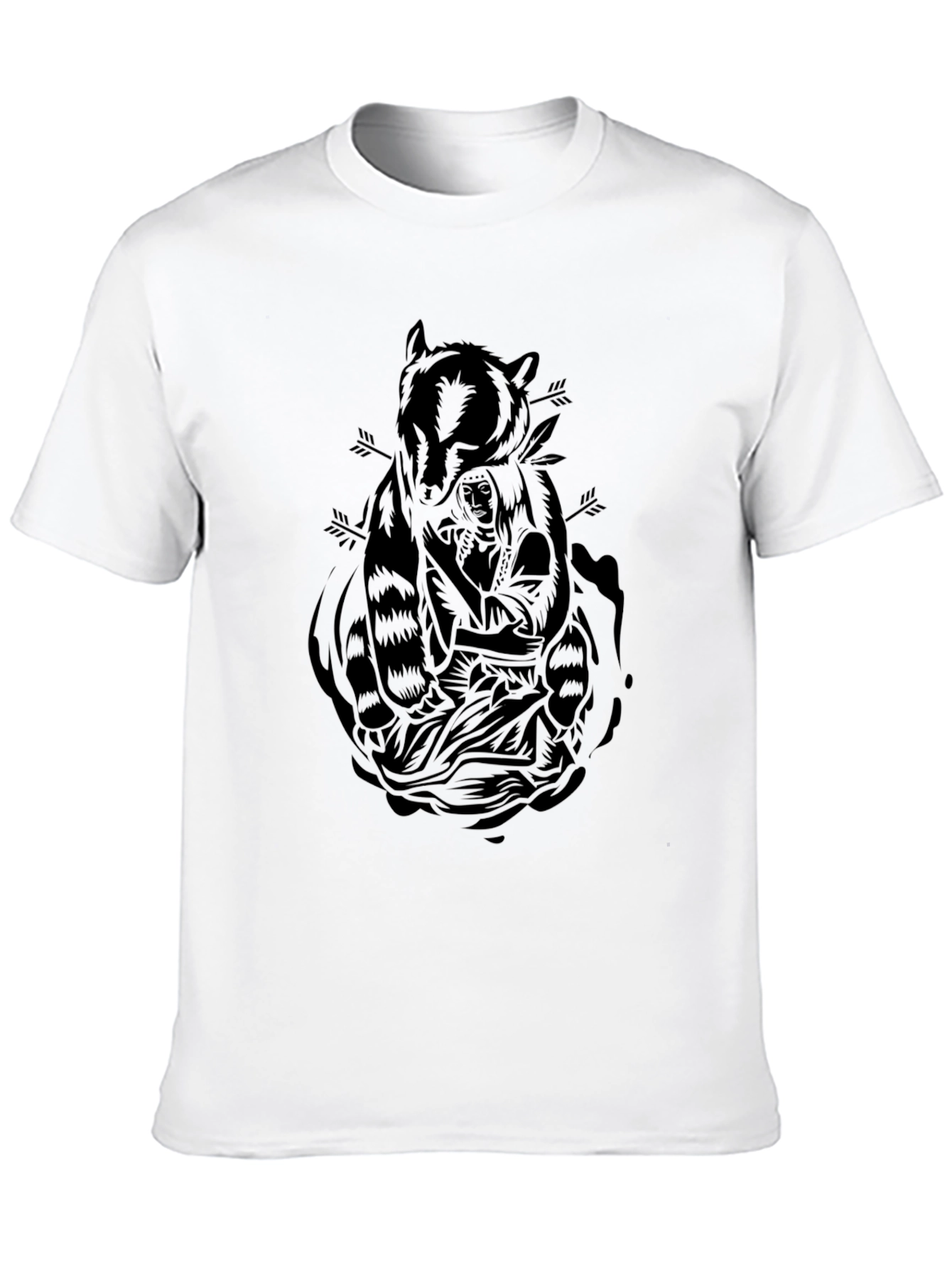 Black Graphic Tee - Raccoon & Native American Design