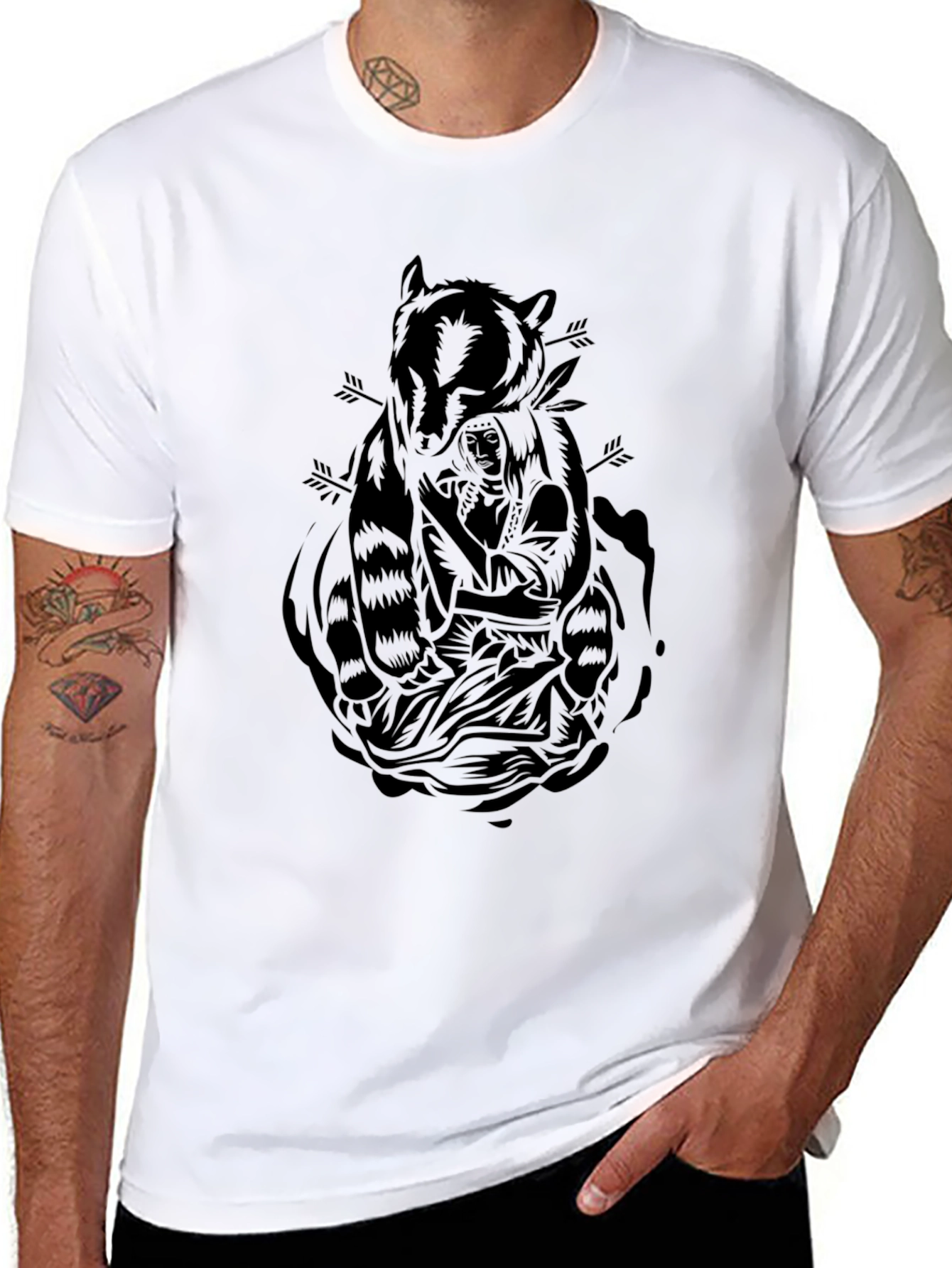 Black Graphic Tee - Raccoon & Native American Design