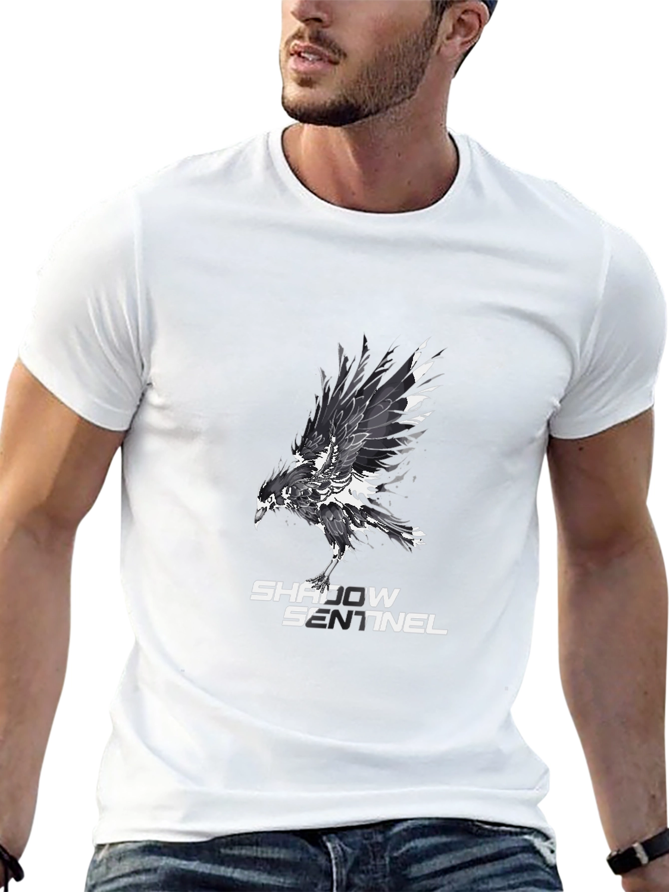 Shadow Sentinel Graphic Tee - Black Cotton T-Shirt