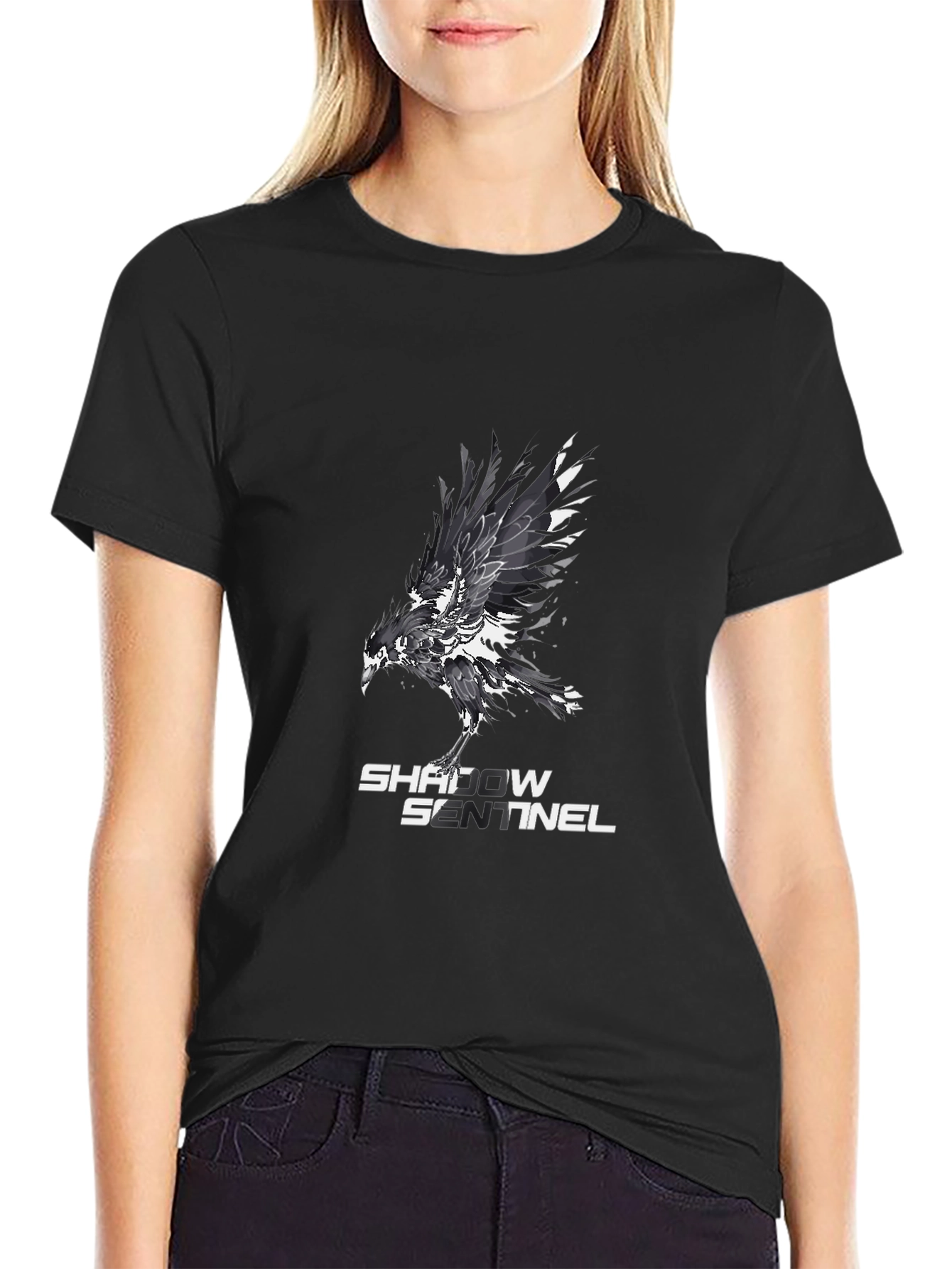 Shadow Sentinel Graphic Tee - Black Cotton T-Shirt