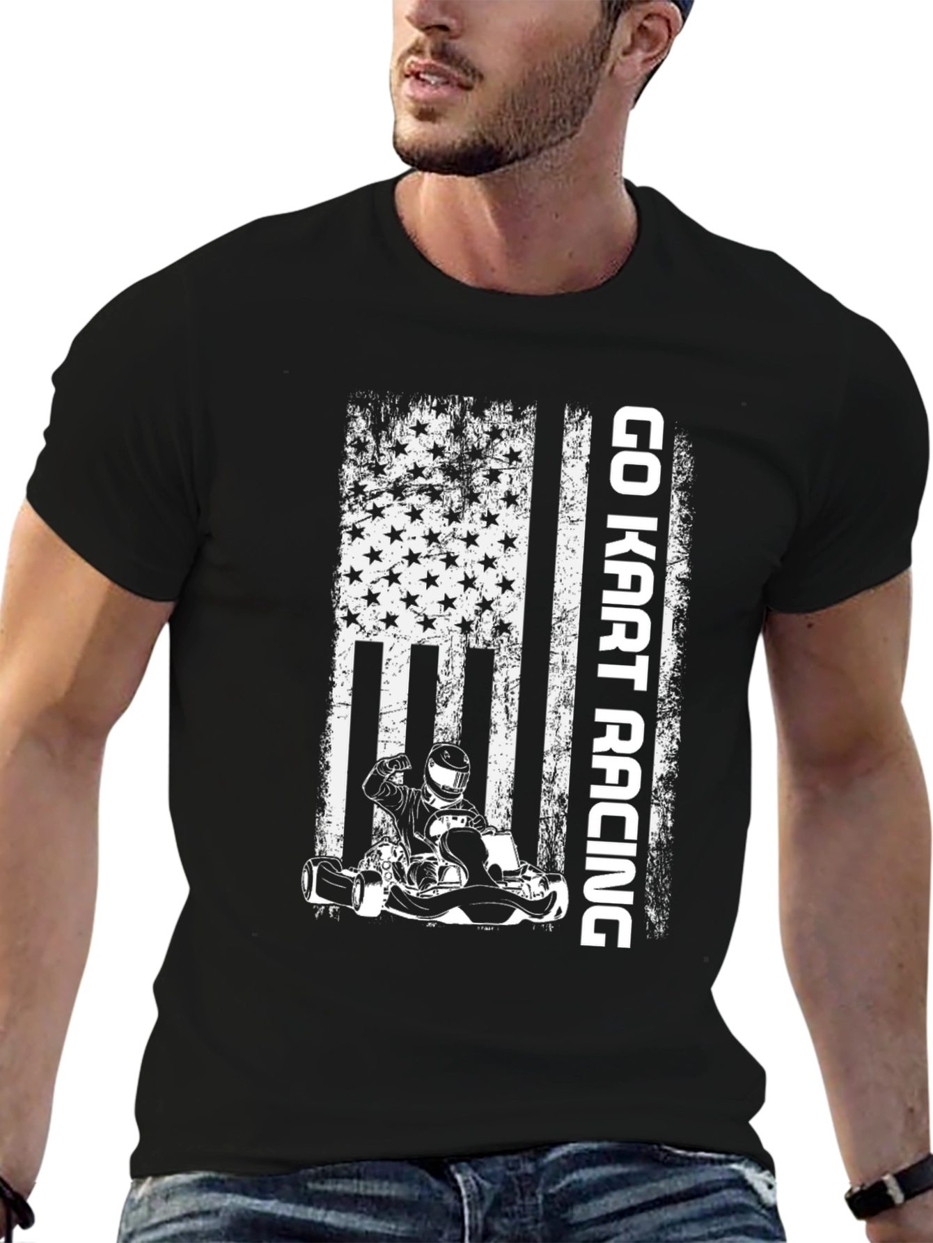 Go Kart Racing American Flag Graphic T-Shirt