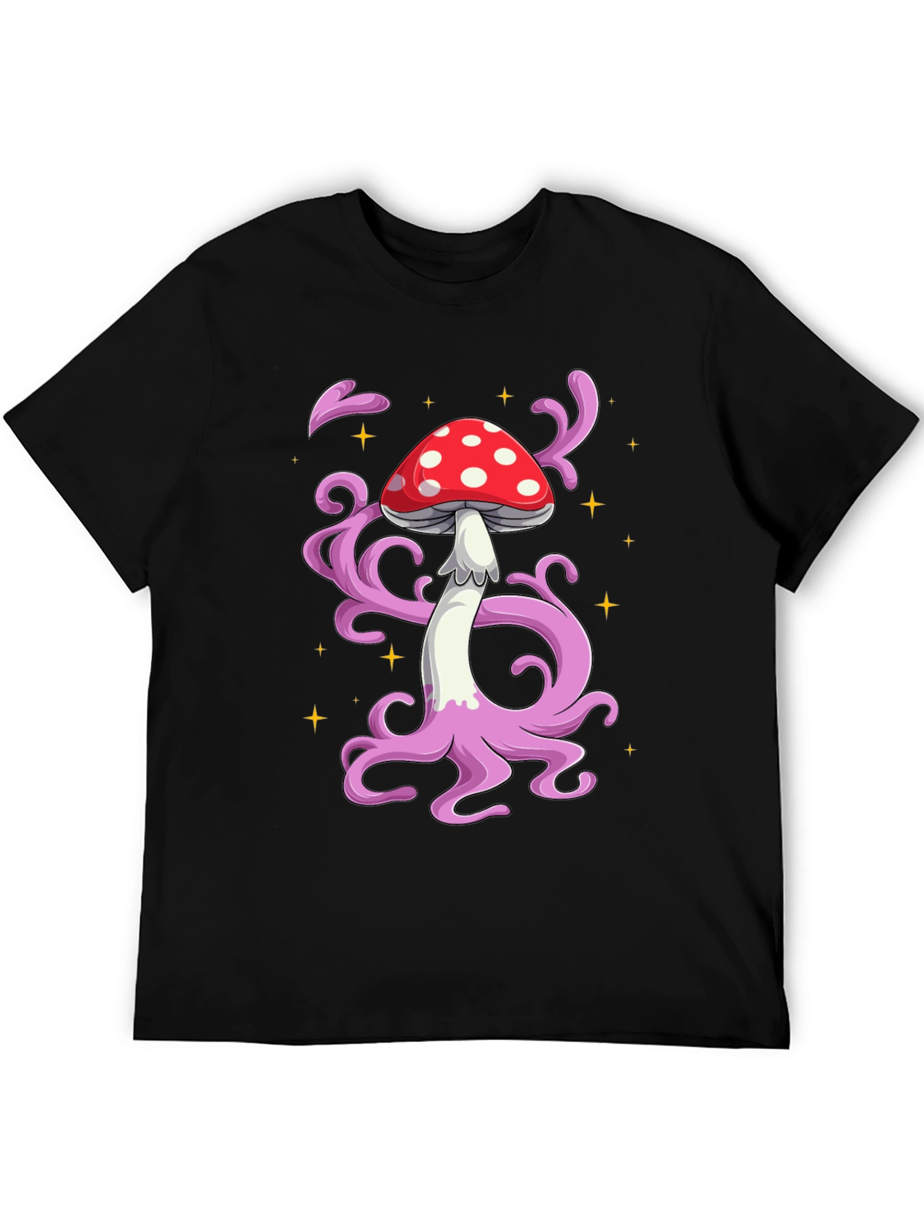 Funky Mushroom Graphic Tee - Black Cotton T-Shirt
