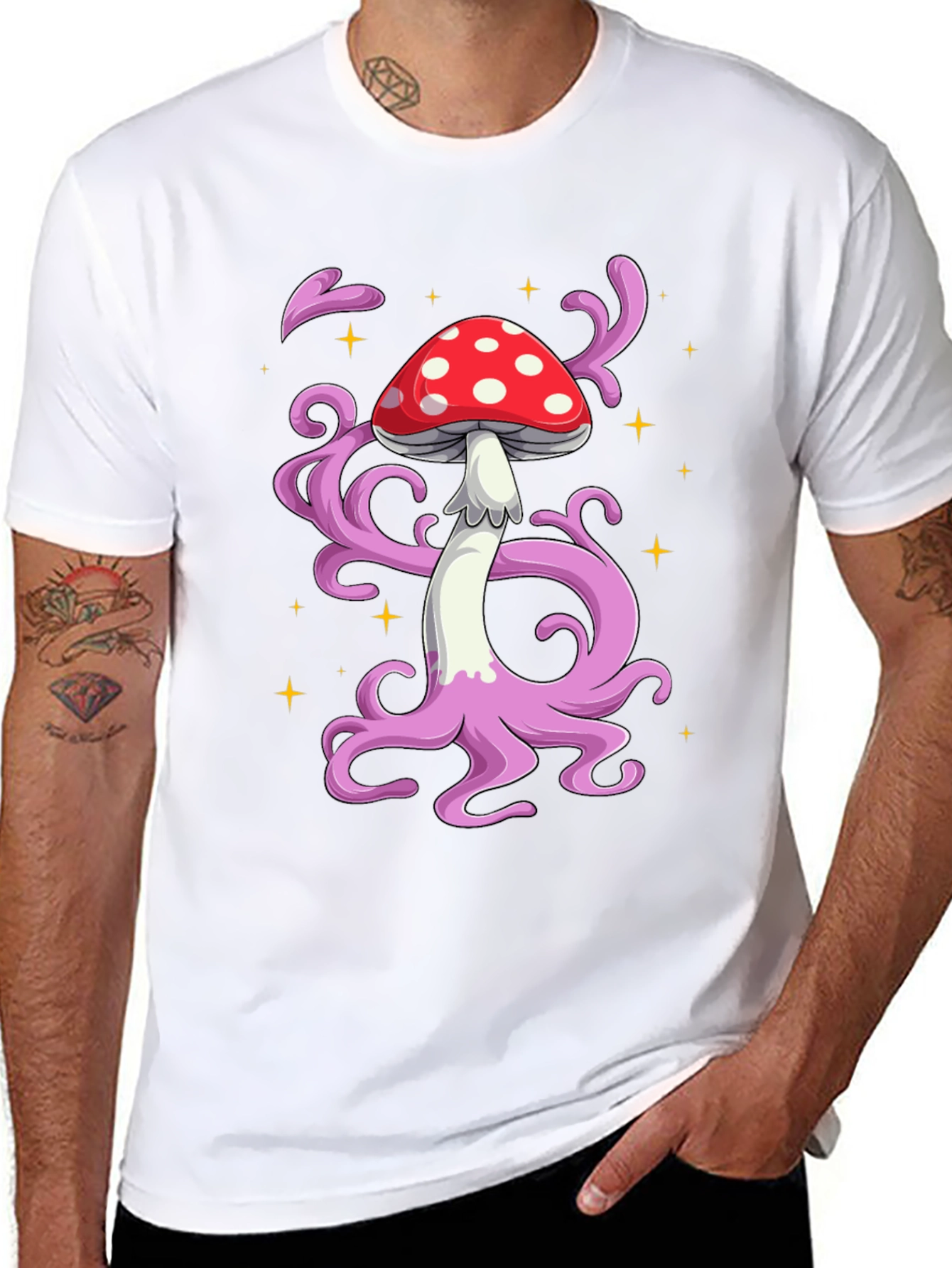 Funky Mushroom Graphic Tee - Black Cotton T-Shirt