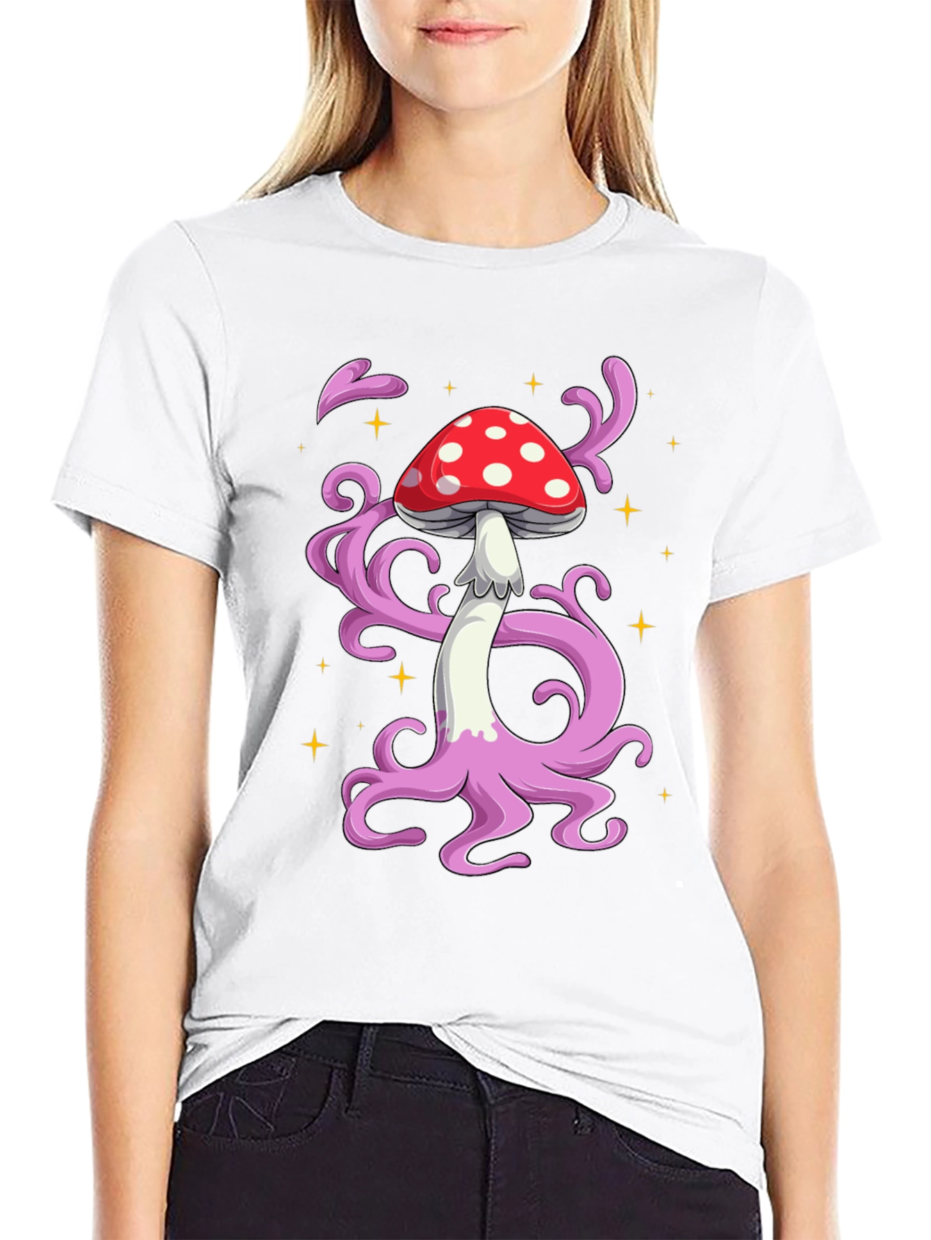 Funky Mushroom Graphic Tee - Black Cotton T-Shirt
