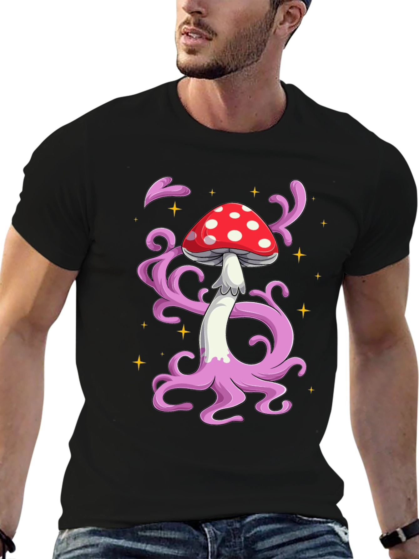 Funky Mushroom Graphic Tee - Black Cotton T-Shirt
