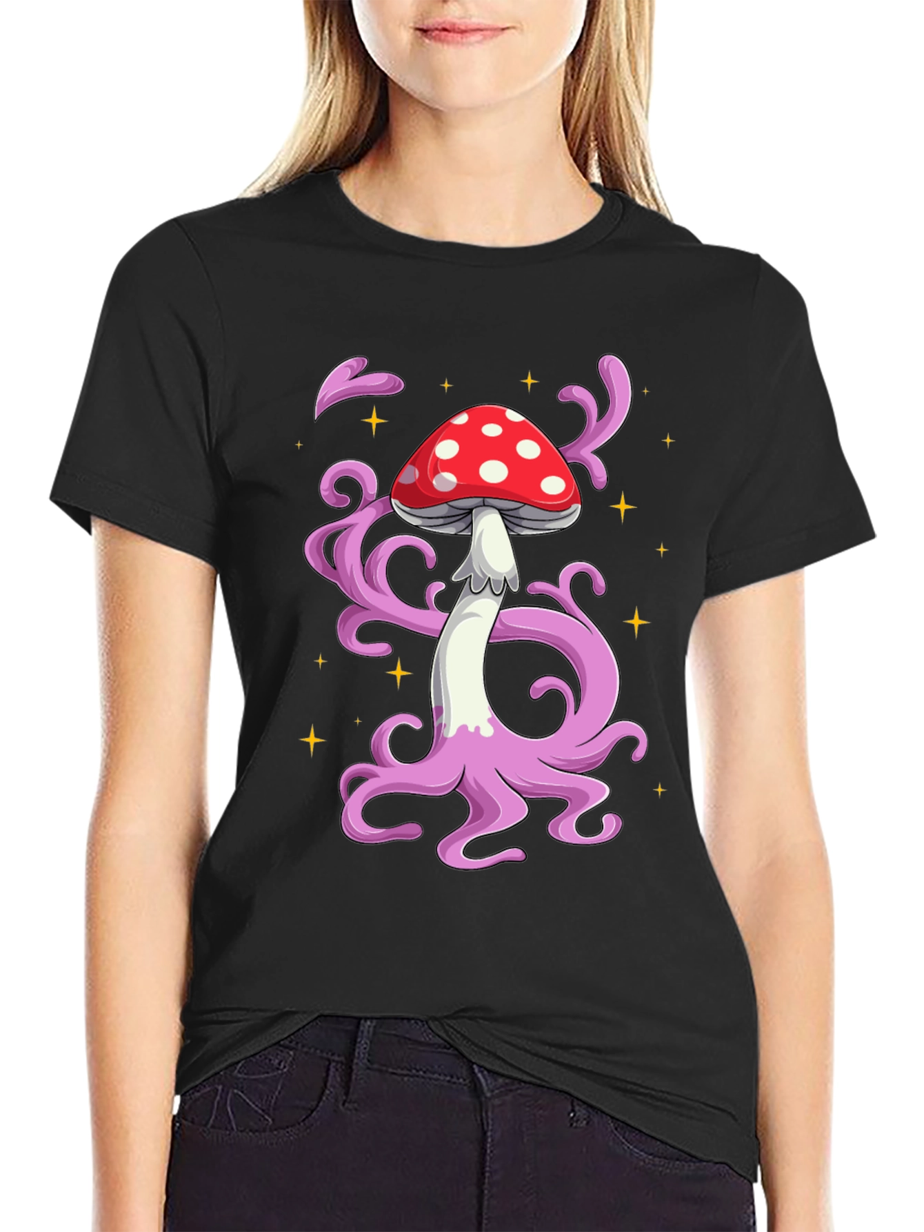 Funky Mushroom Graphic Tee - Black Cotton T-Shirt