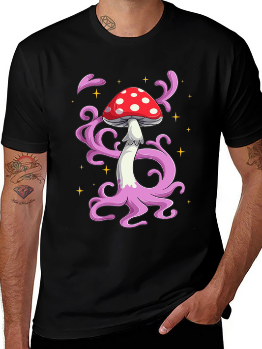 Funky Mushroom Graphic Tee - Black Cotton T-Shirt