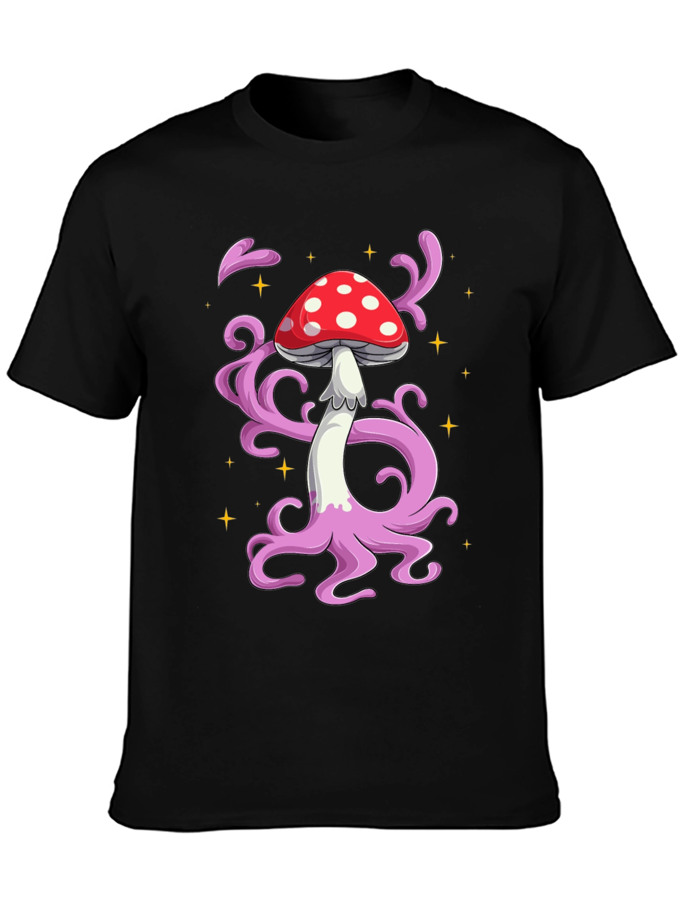 Funky Mushroom Graphic Tee - Black Cotton T-Shirt