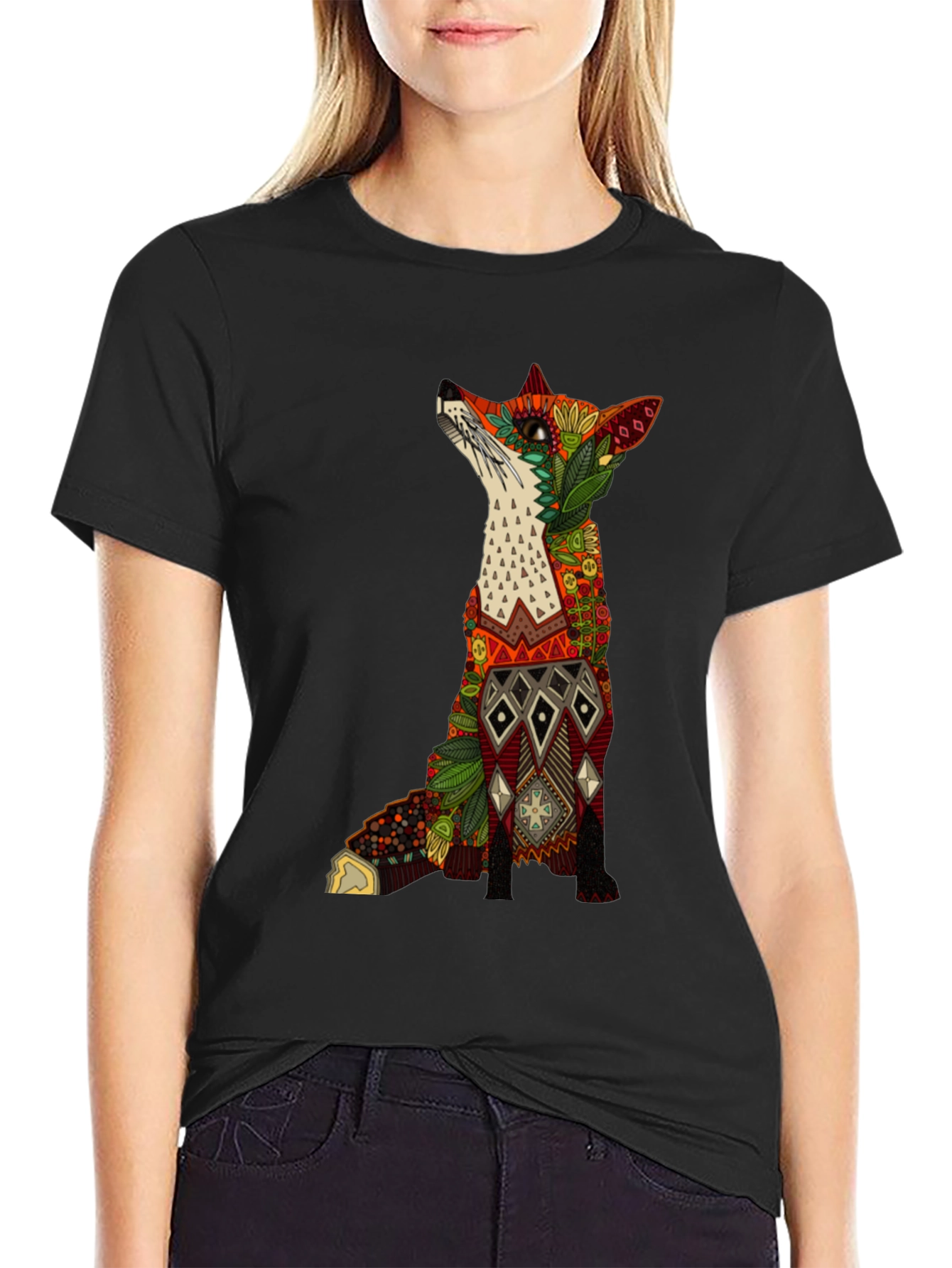 Ornate Fox Graphic Black T-Shirt