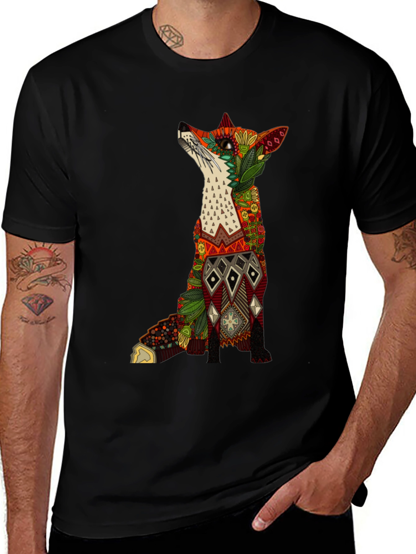 Ornate Fox Graphic Black T-Shirt