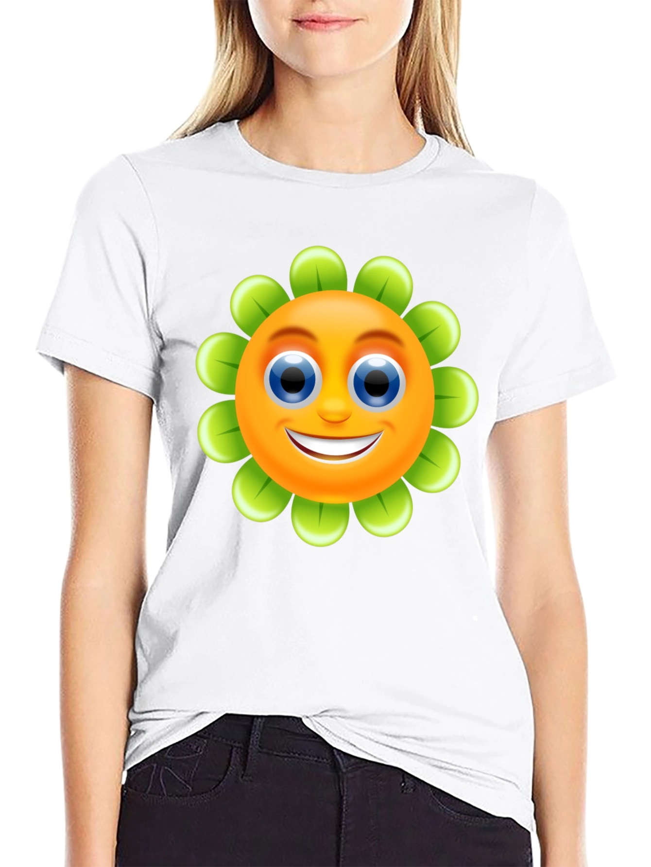 Happy Flower Emoji Graphic Tee - Black Cotton Blend