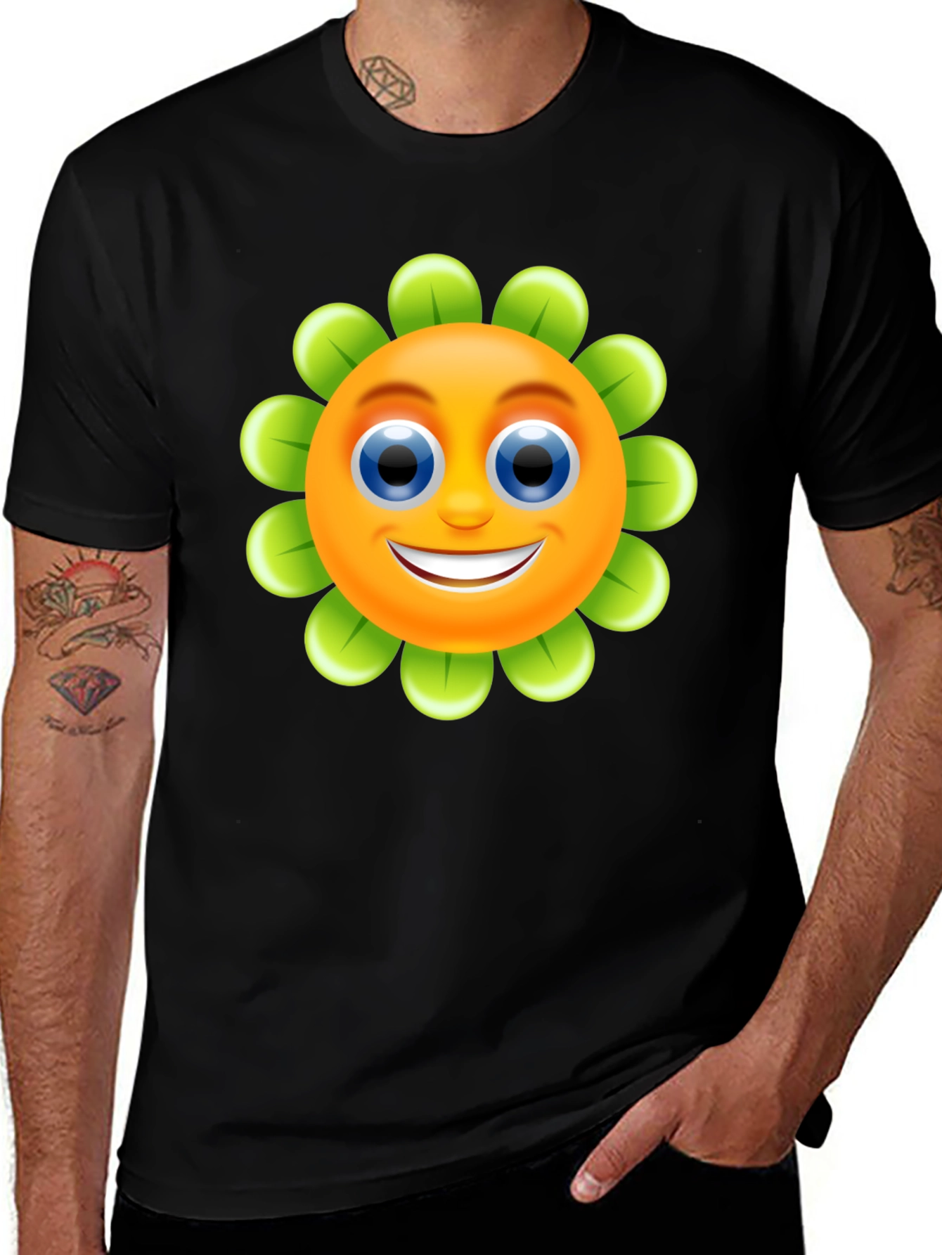 Happy Flower Emoji Graphic Tee - Black Cotton Blend
