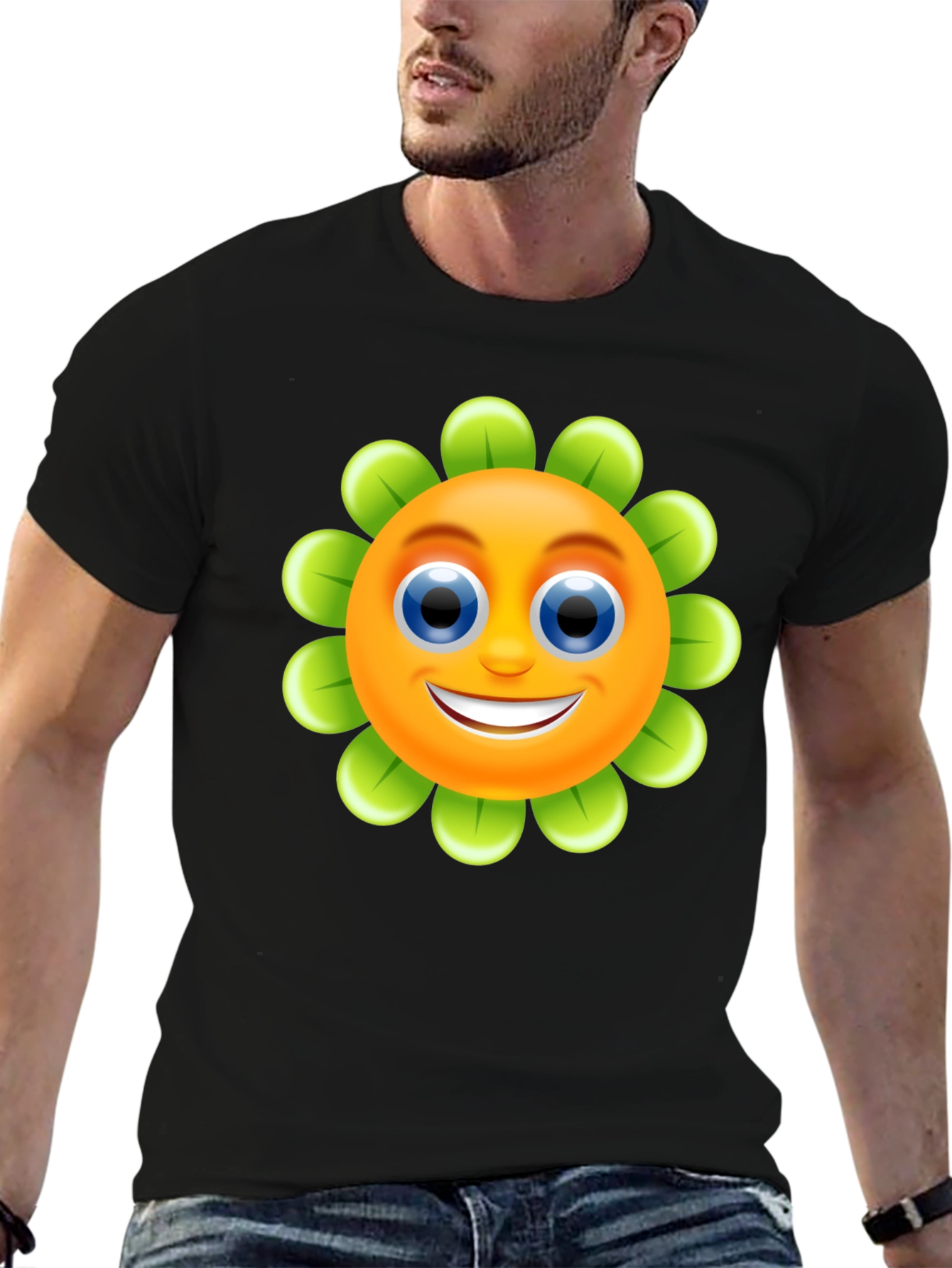 Happy Flower Emoji Graphic Tee - Black Cotton Blend