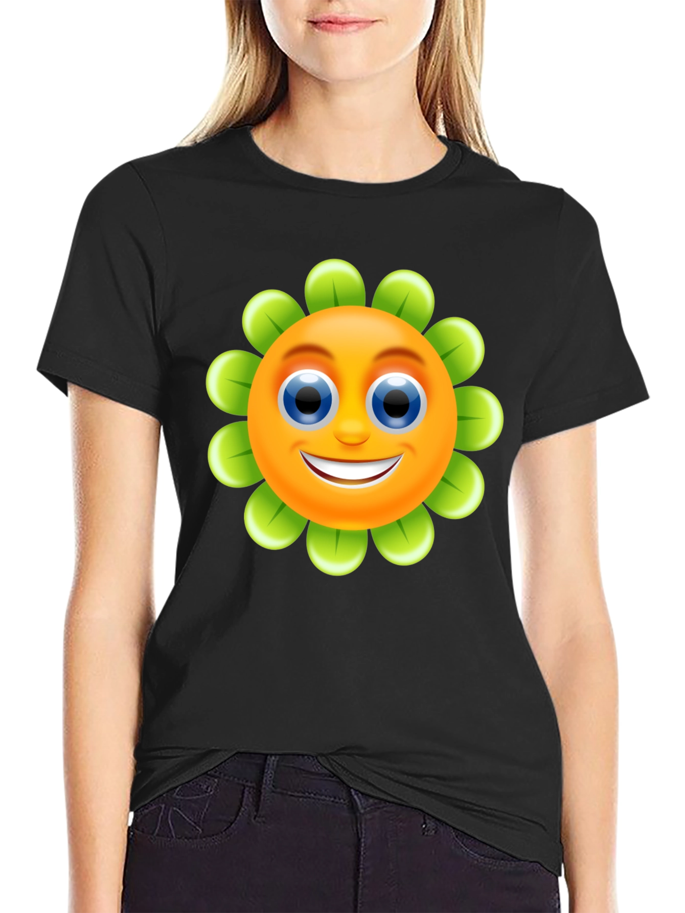Happy Flower Emoji Graphic Tee - Black Cotton Blend