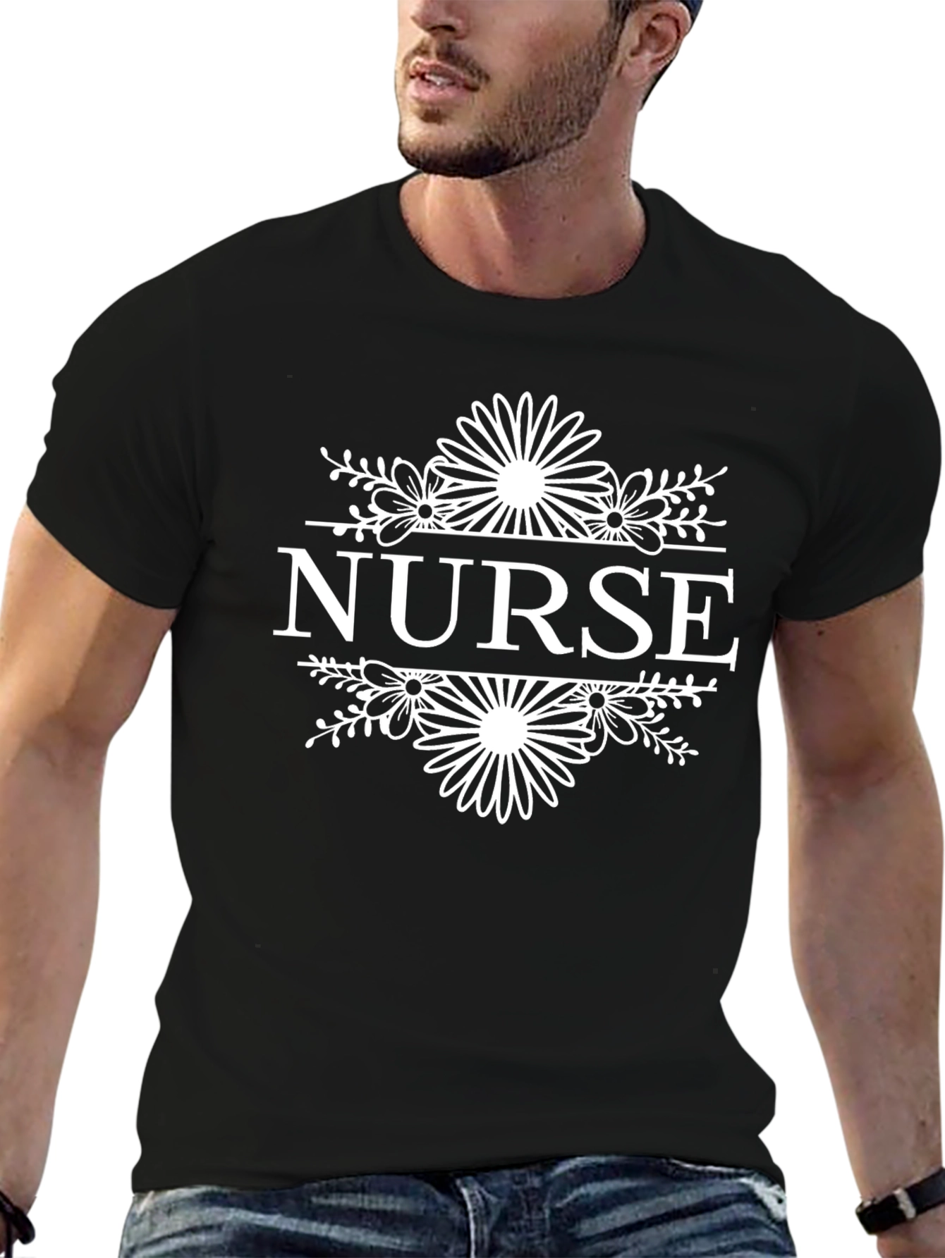 Floral Nurse Graphic T-Shirt - Black