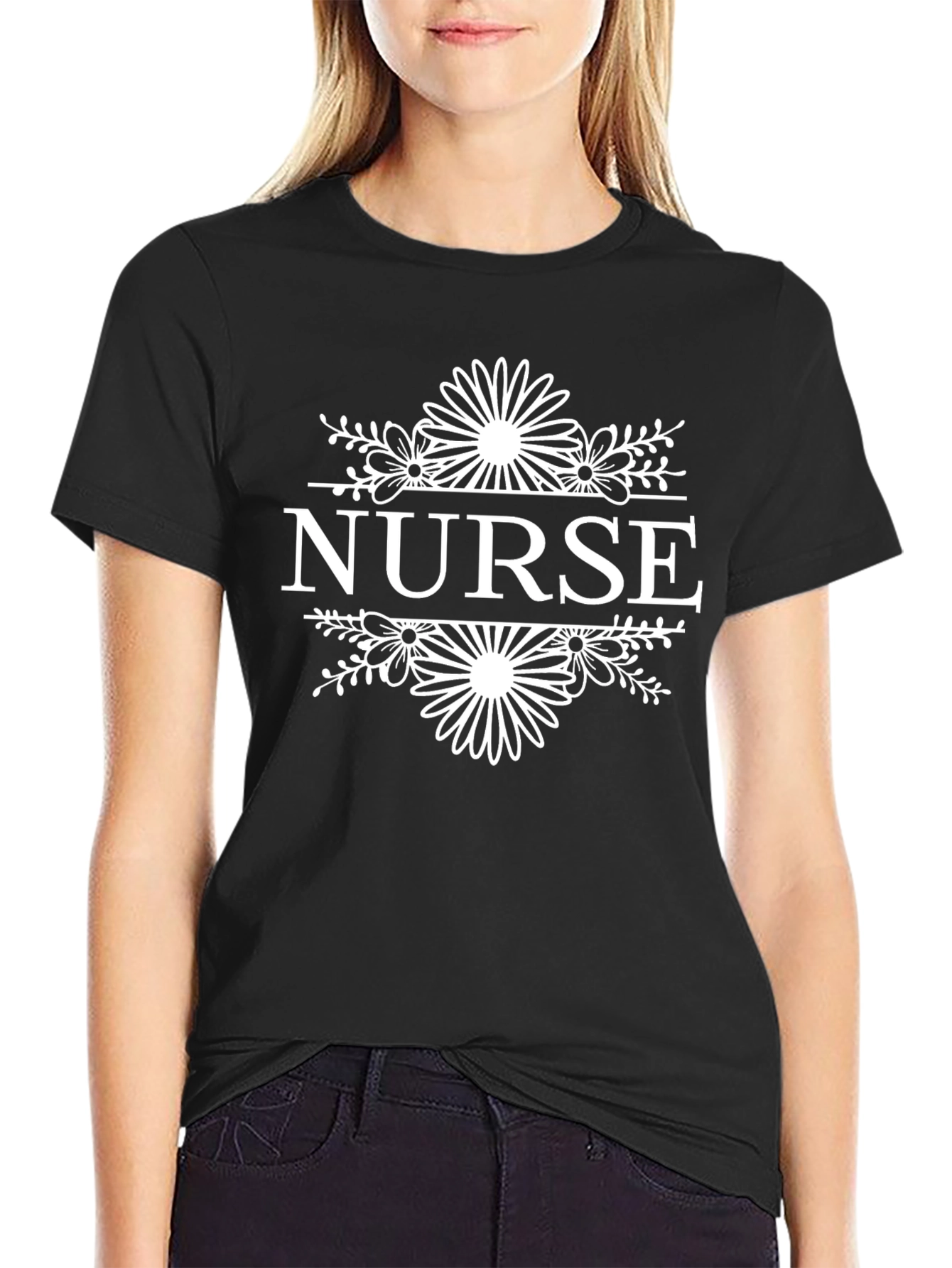 Floral Nurse Graphic T-Shirt - Black