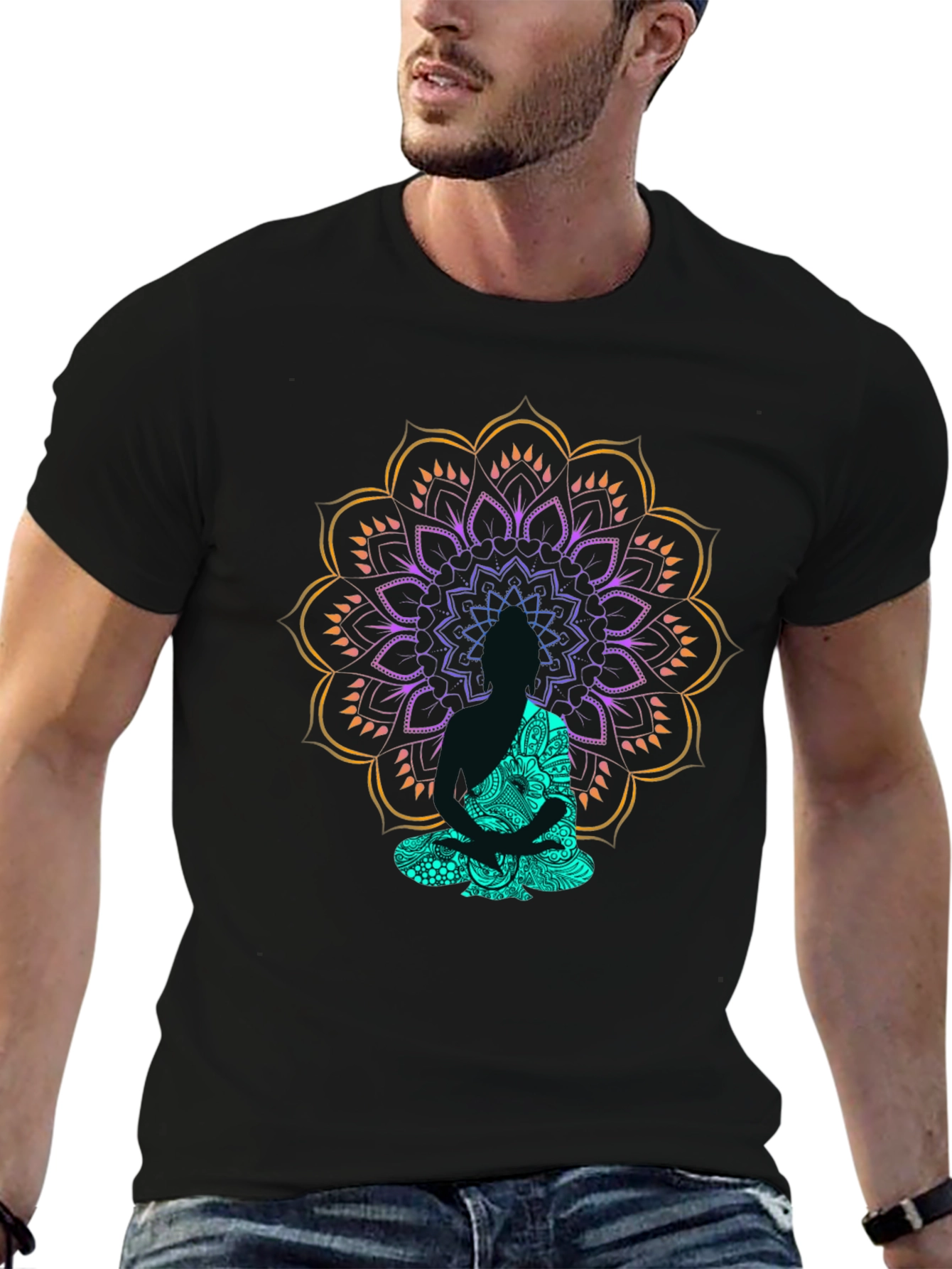 Buddha Mandala Graphic Print Black T-Shirt