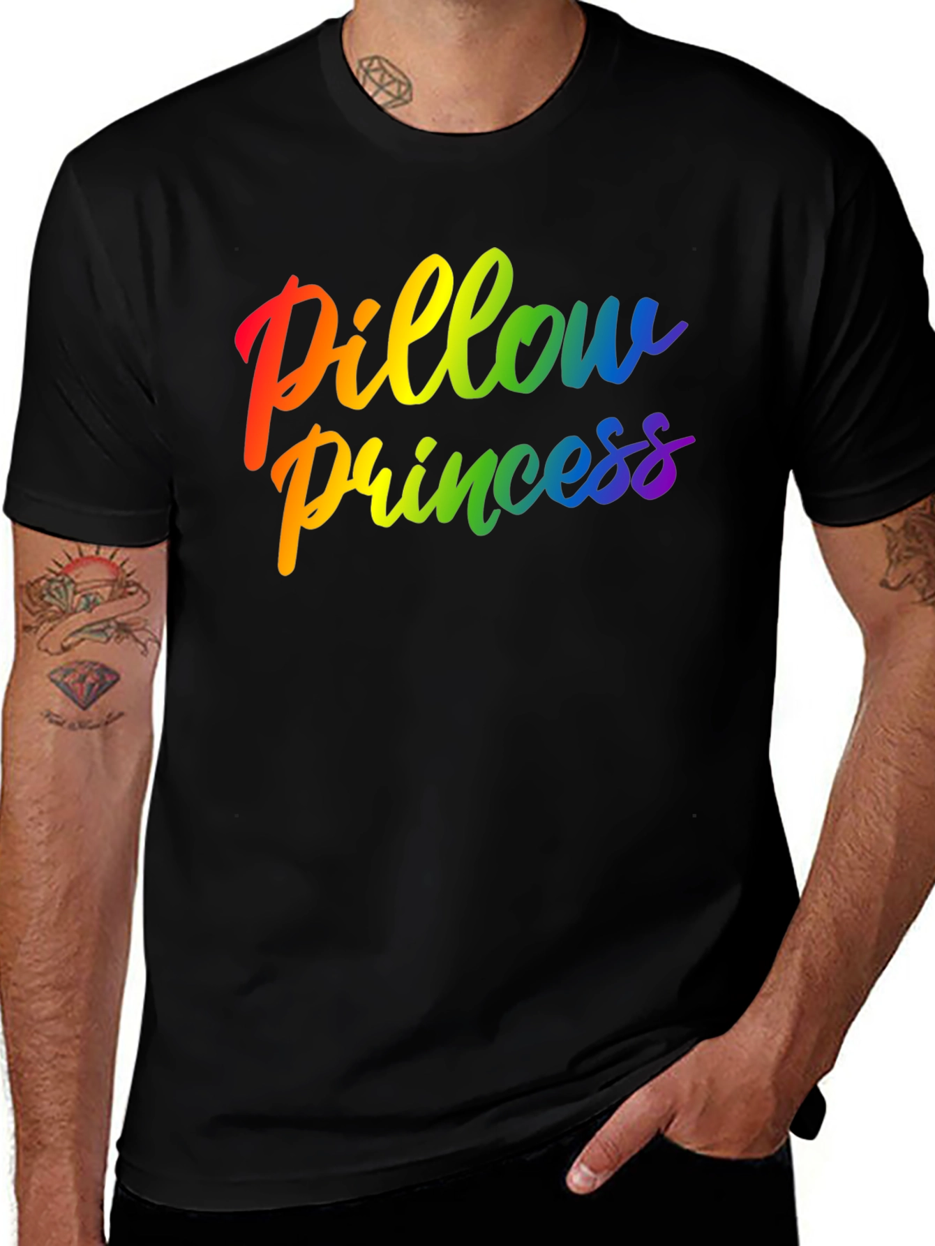 Rainbow Pillow Princess Graphic Black Tee
