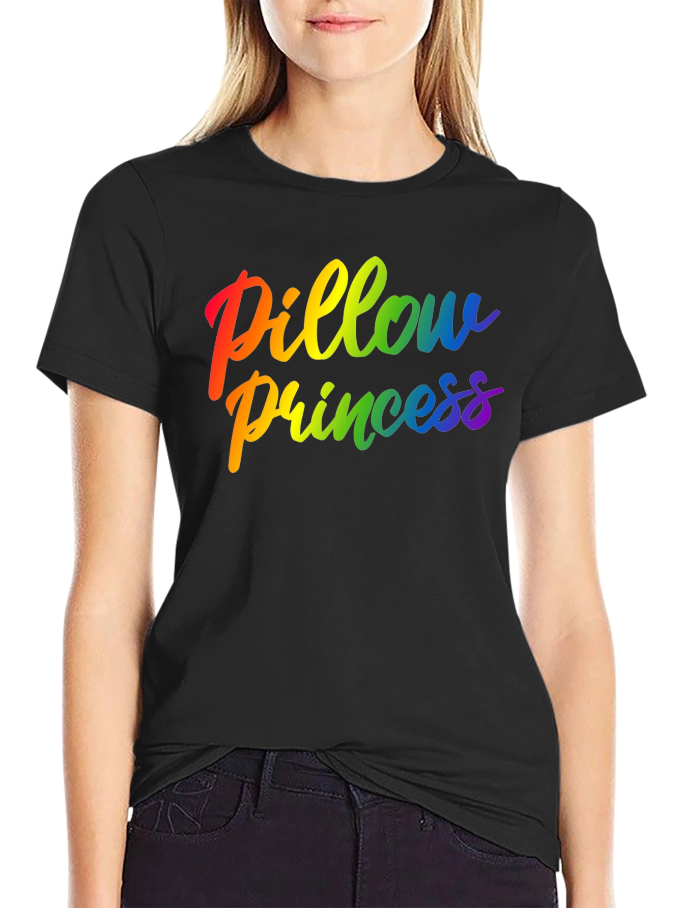 Rainbow Pillow Princess Graphic Black Tee