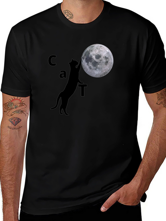 Cat & Moon Graphic Tee - Black Cotton Casual Shirt