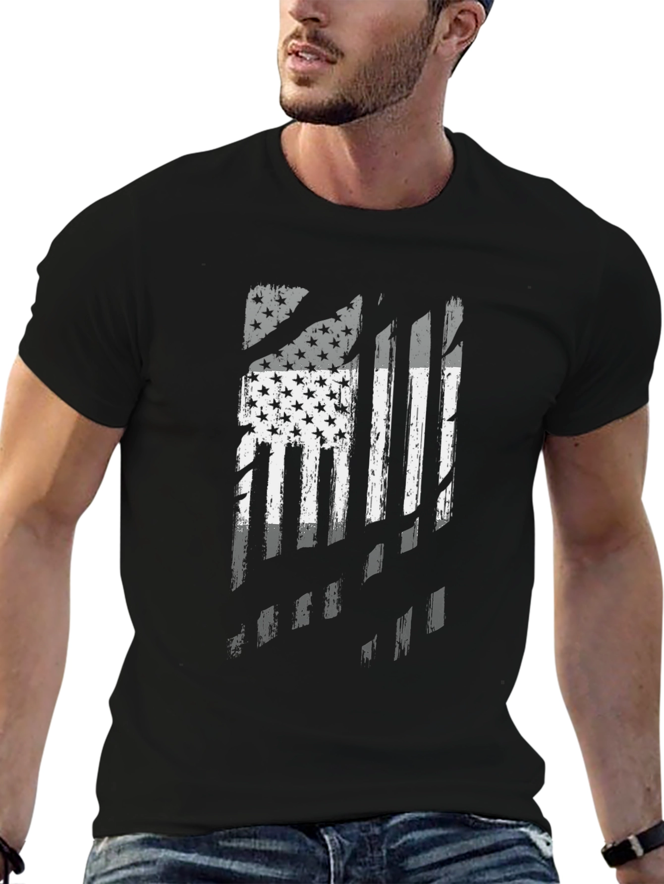 Distressed American Flag Graphic Black T-Shirt