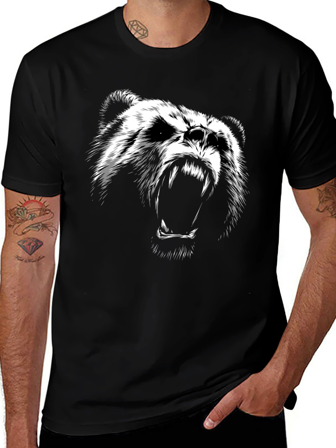 Mens Black T-Shirt with Bear Graphic