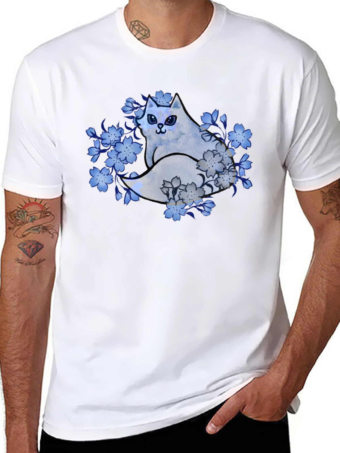 Floral Cat Graphic Tee - Black Cotton Blend
