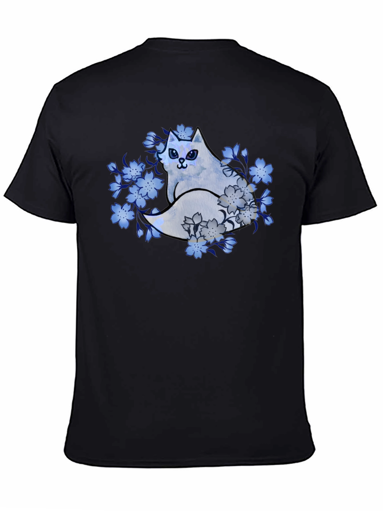 Floral Cat Graphic Tee - Black Cotton Blend