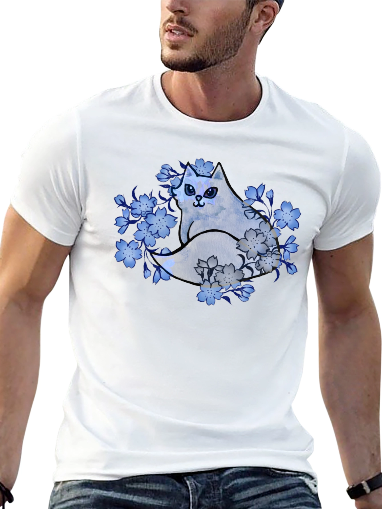 Floral Cat Graphic Tee - Black Cotton Blend