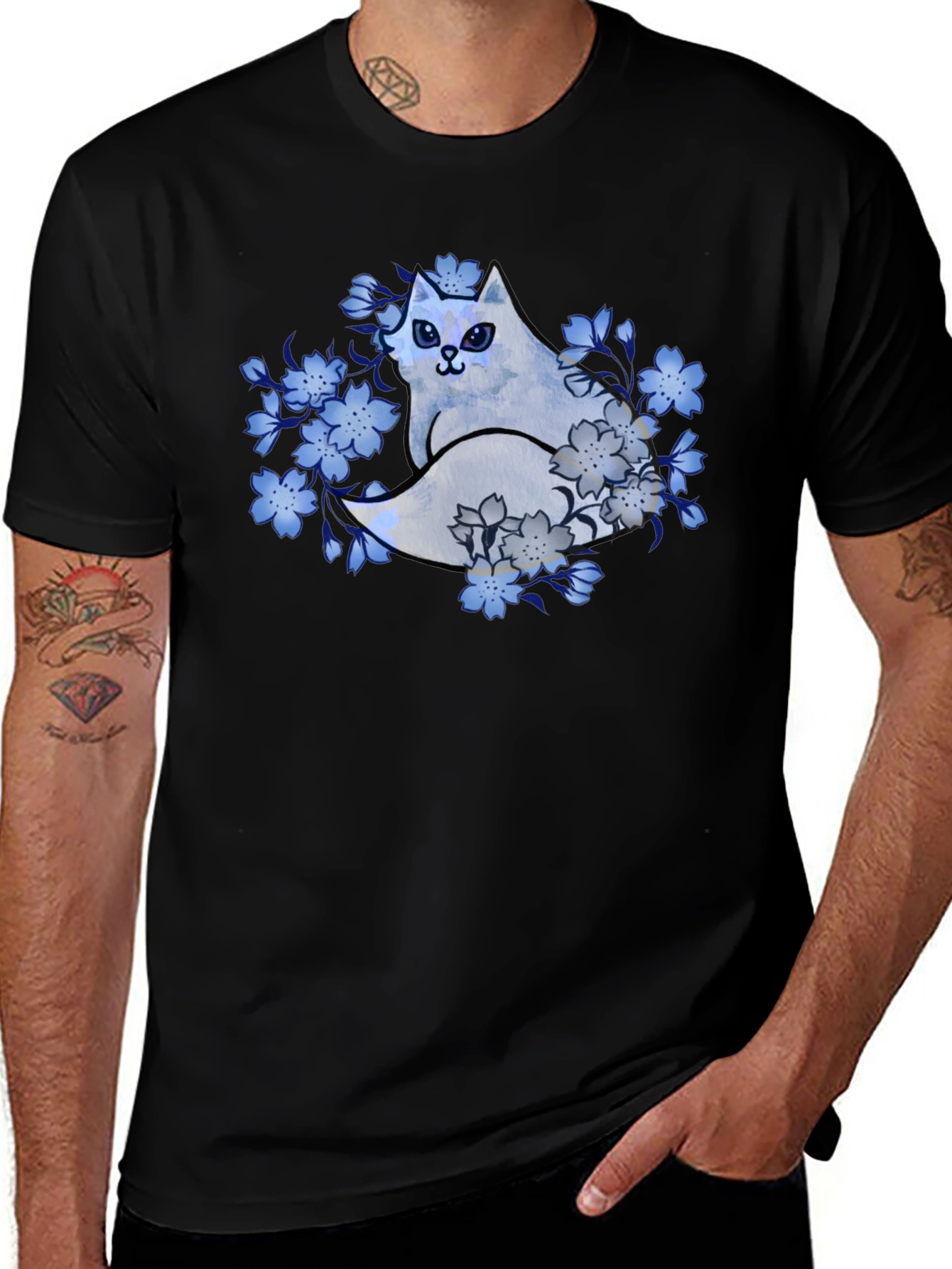 Floral Cat Graphic Tee - Black Cotton Blend