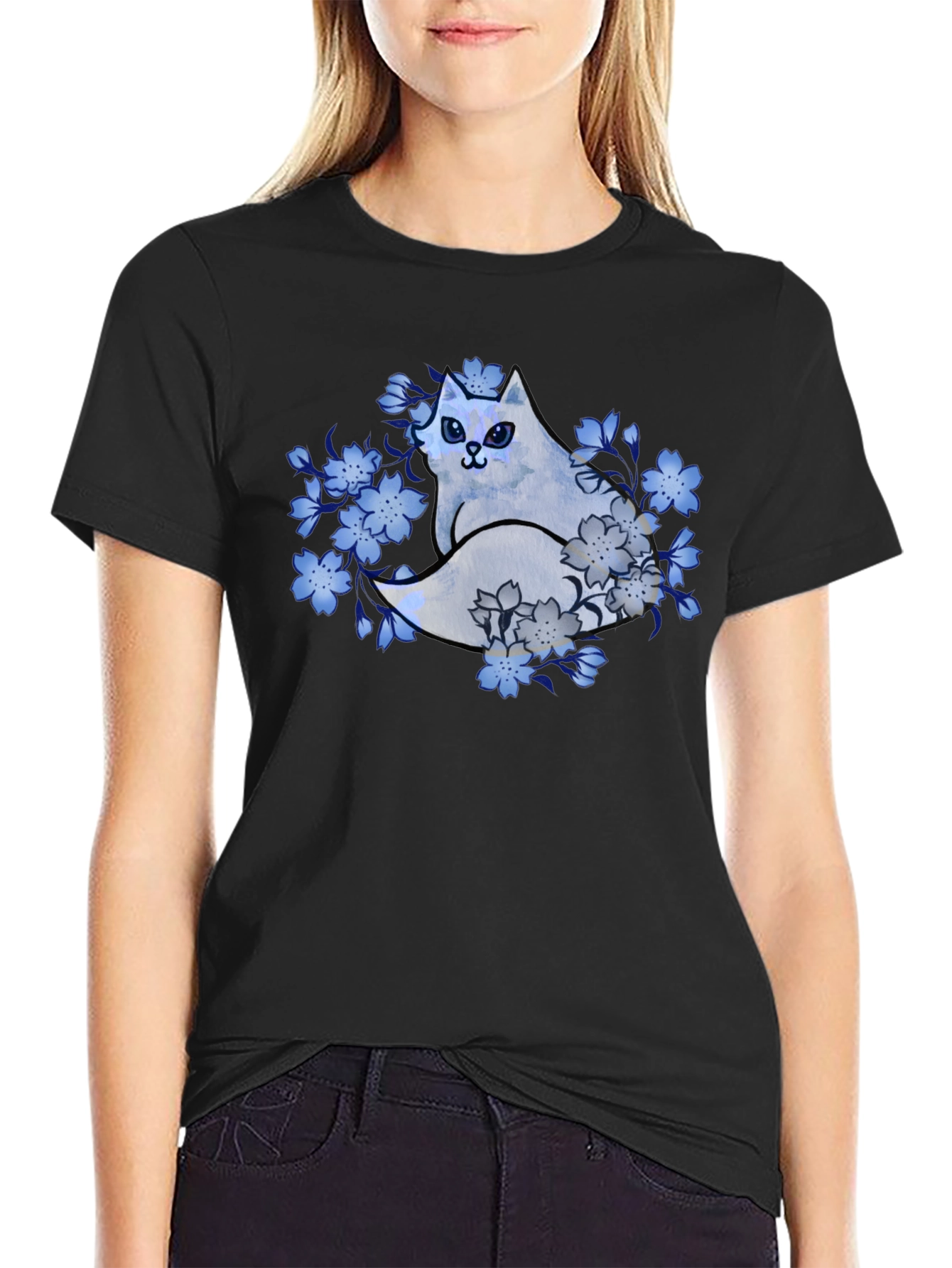 Floral Cat Graphic Tee - Black Cotton Blend