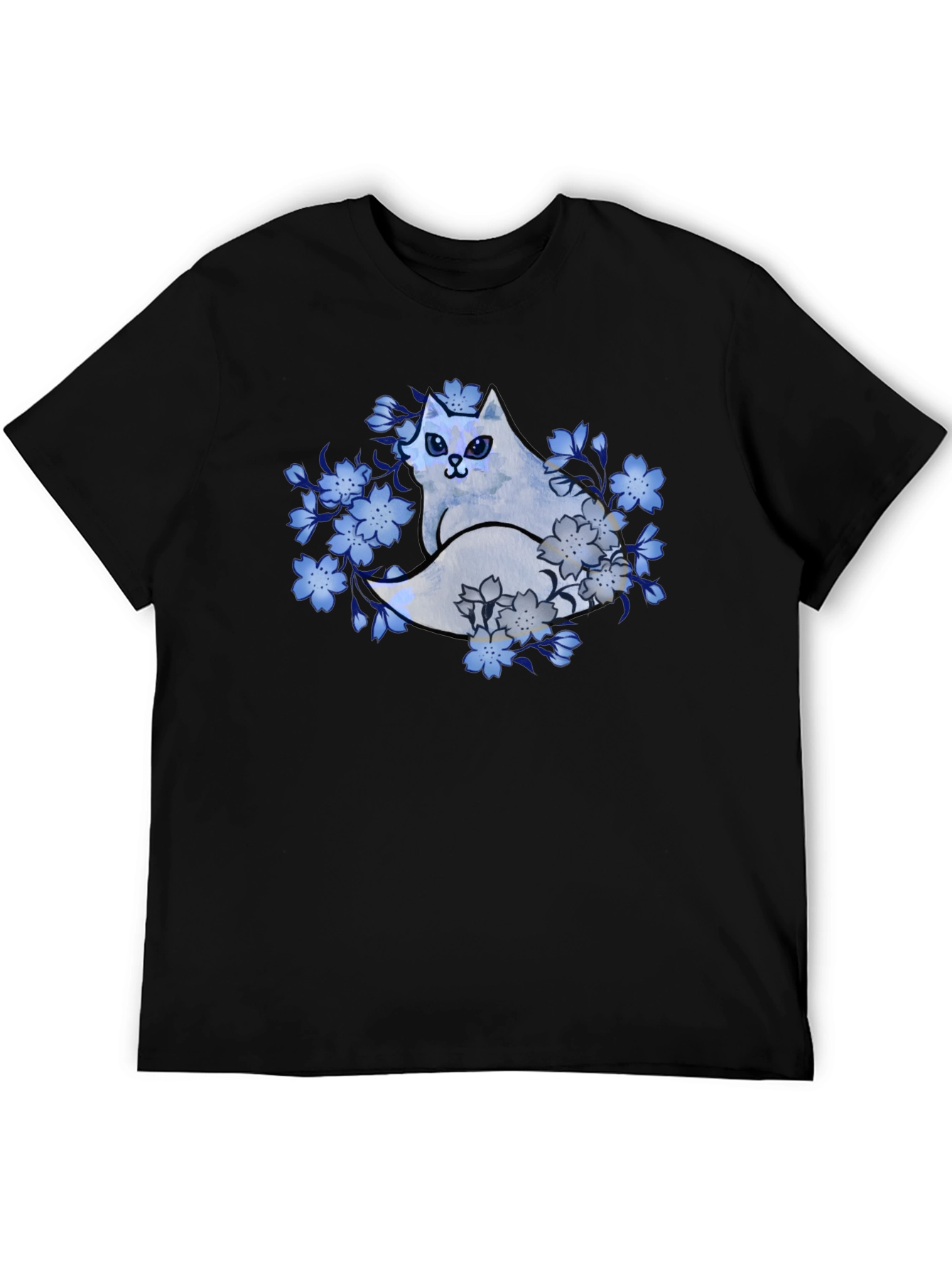 Floral Cat Graphic Tee - Black Cotton Blend