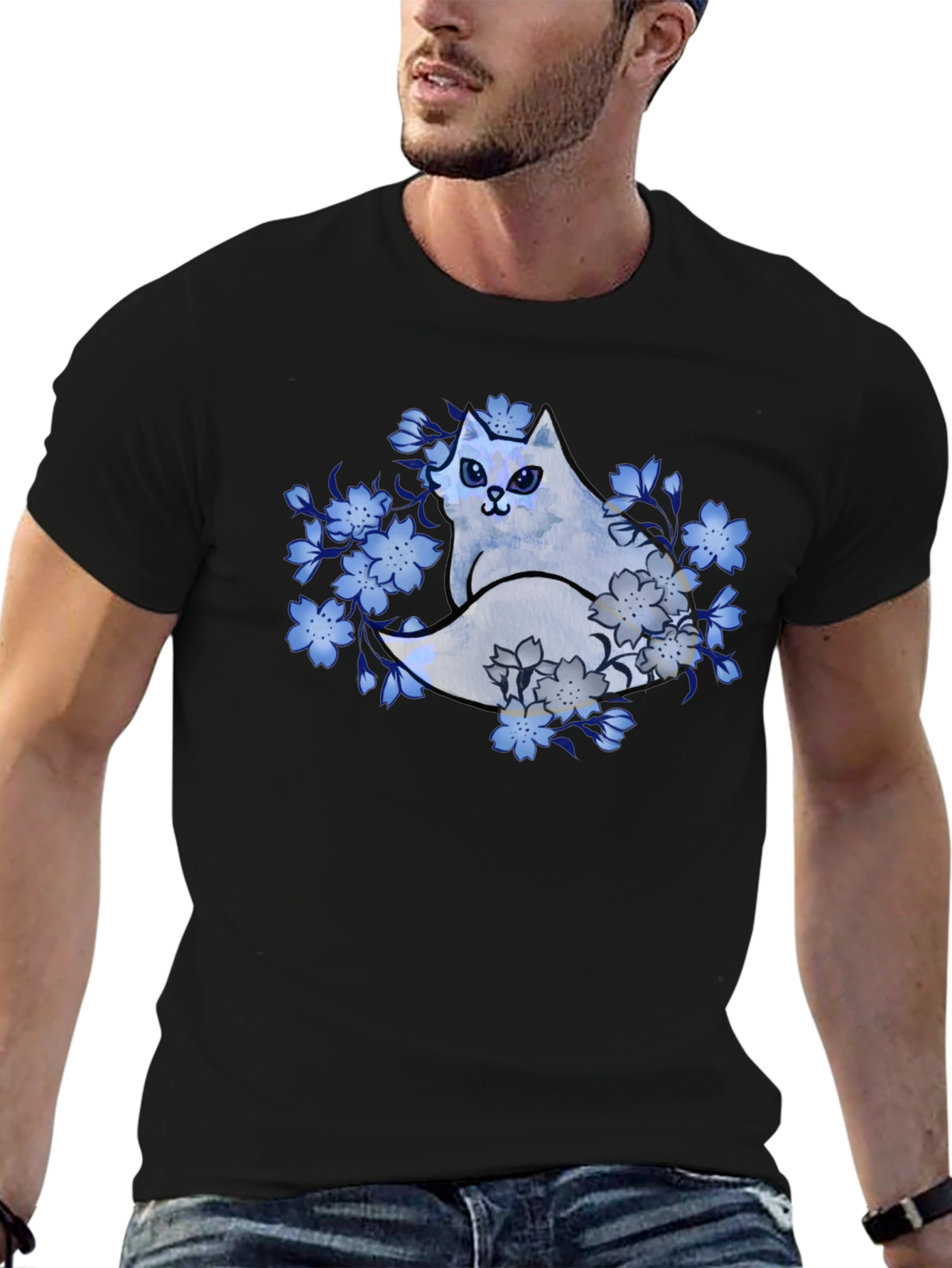 Floral Cat Graphic Tee - Black Cotton Blend