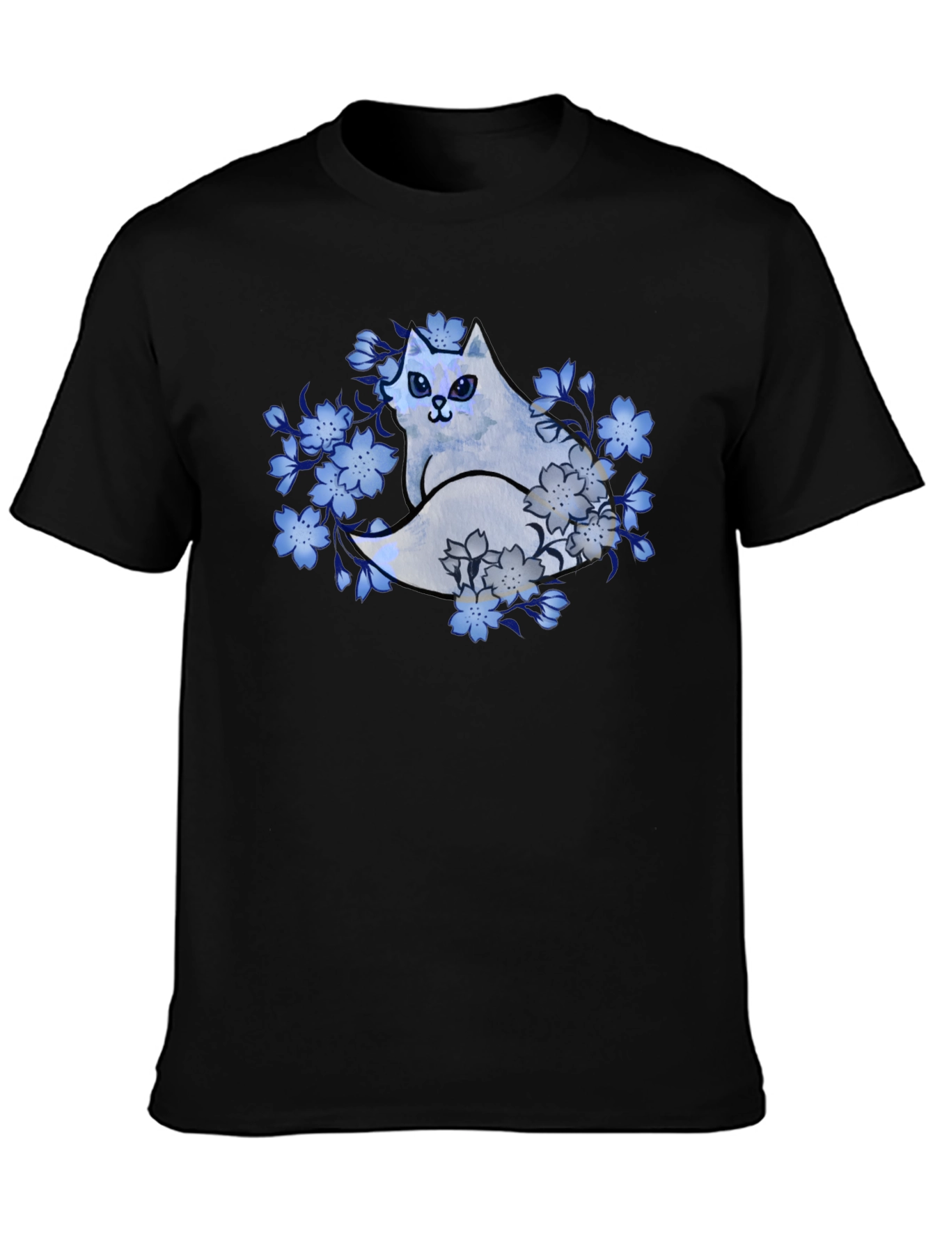 Floral Cat Graphic Tee - Black Cotton Blend
