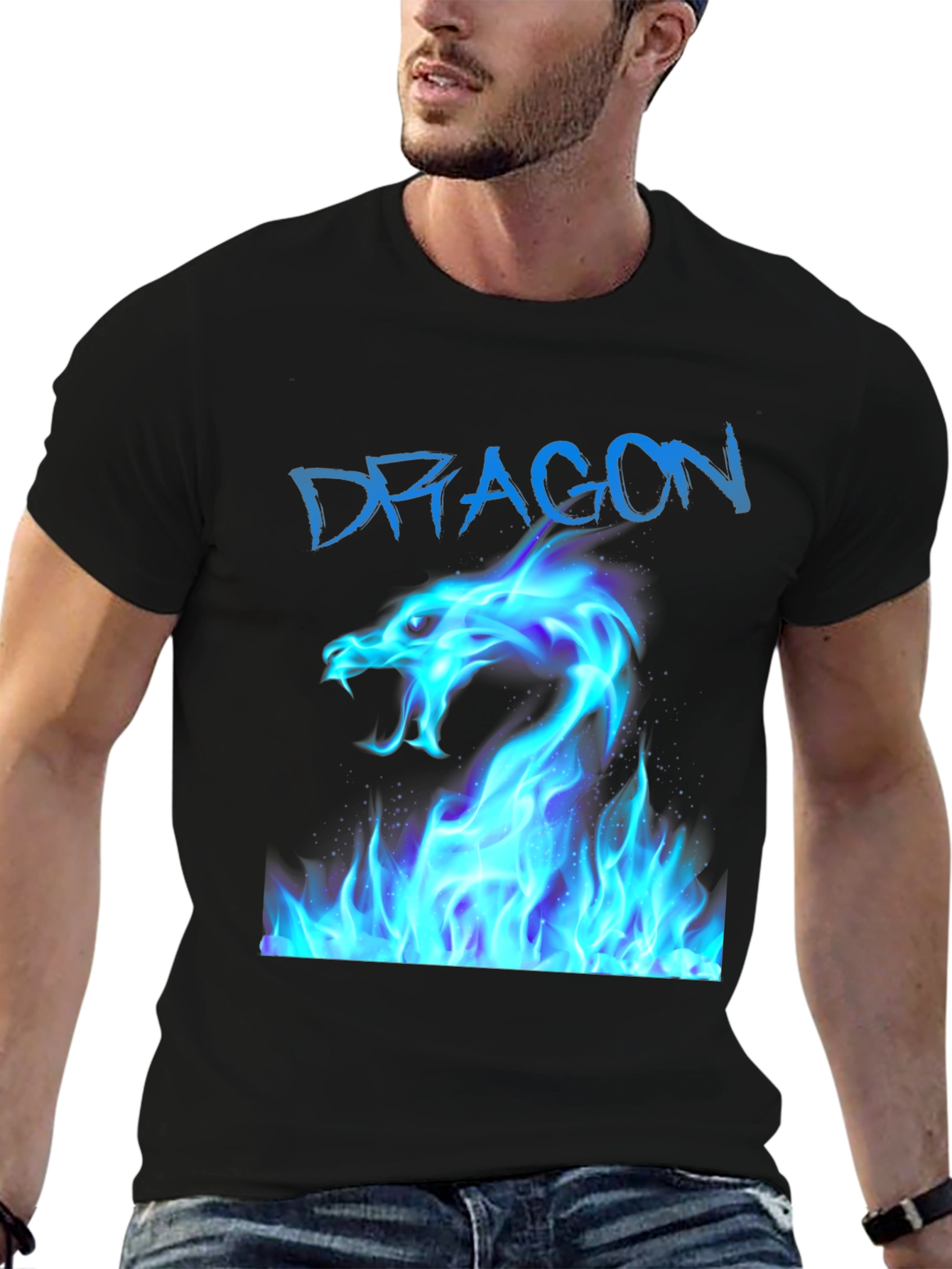 Black T-Shirt with Blue Dragon Fire Design