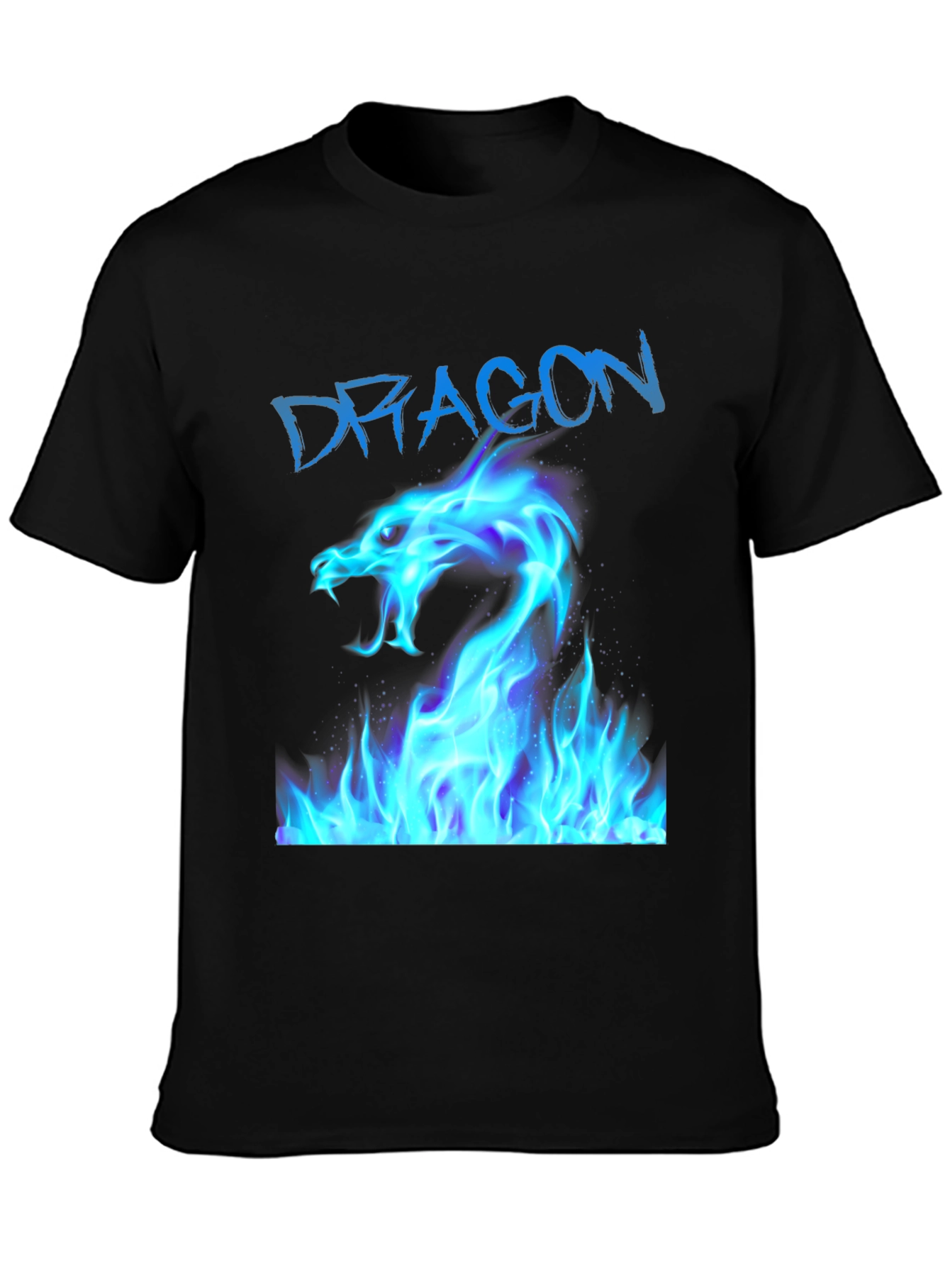 Black T-Shirt with Blue Dragon Fire Design