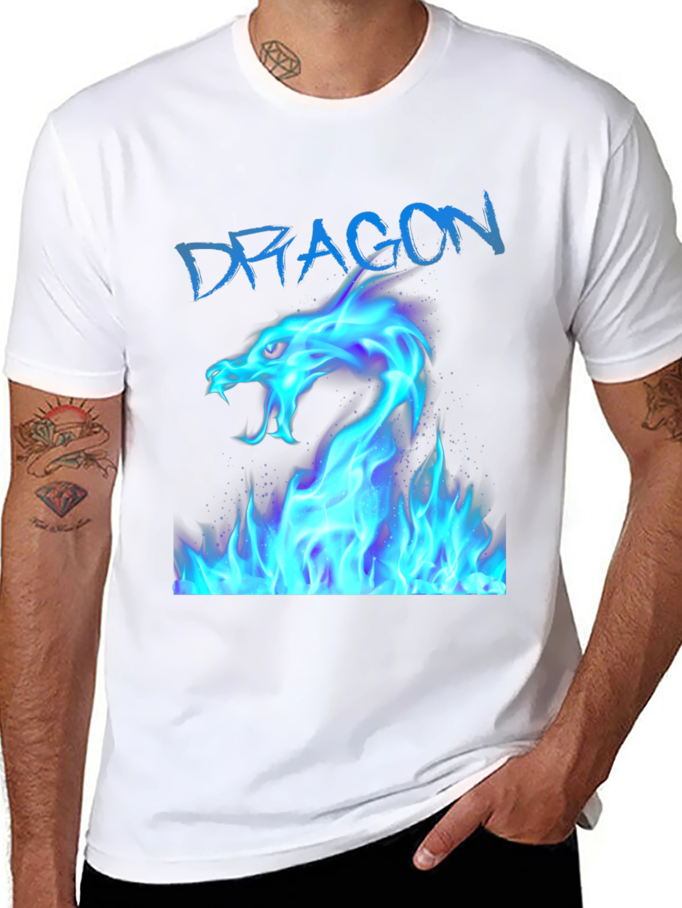 Black T-Shirt with Blue Dragon Fire Design